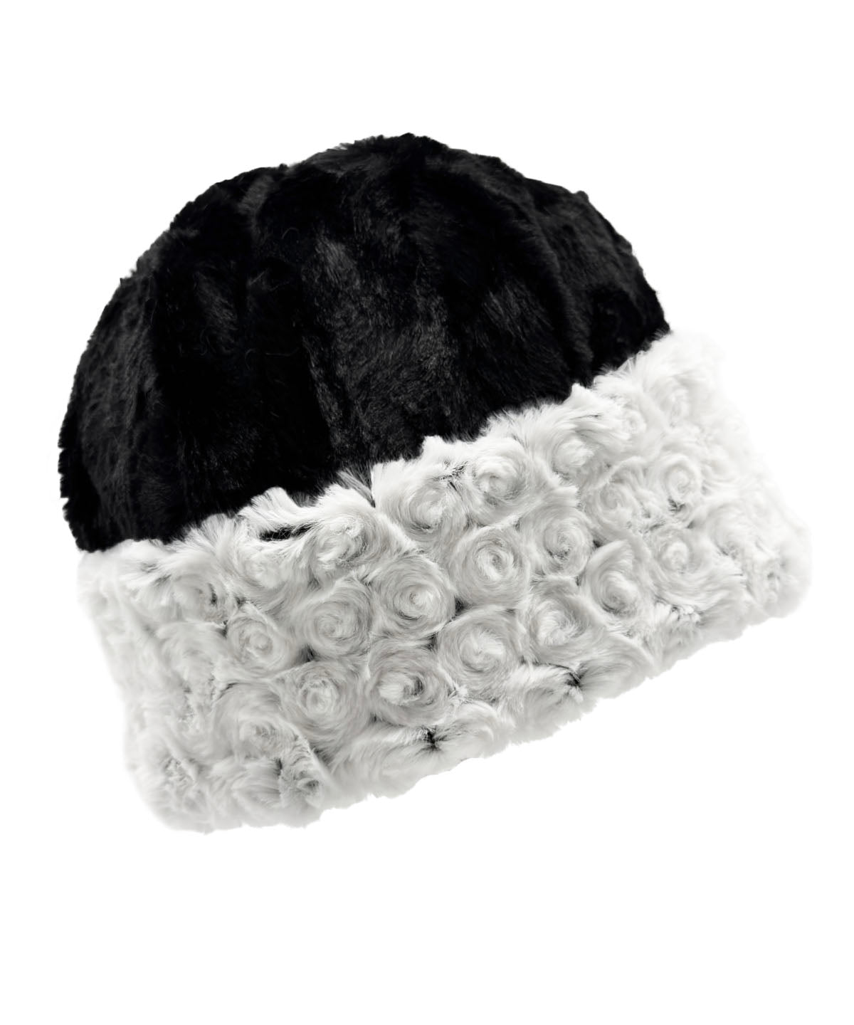 Beanie in Rosebud Black Classic Luxury Faux Fur shown reversed to Cuddly Black with Rosebud Black Cuffed Brim. Made in Seattle, WA, USA by Pandemonium Seattle.