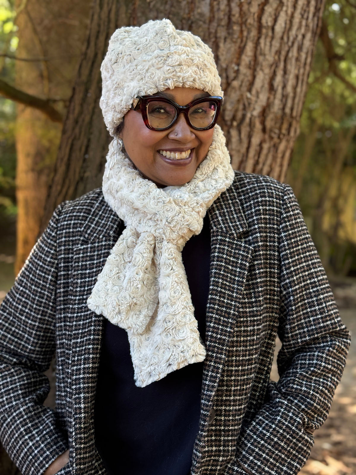 Woman wearing the Beanie Hat in Rosebud Brown with a matching Classic Scarf in Rosebud Brown. Made in Seattle, WA, USA by Pandemonium Seattle.