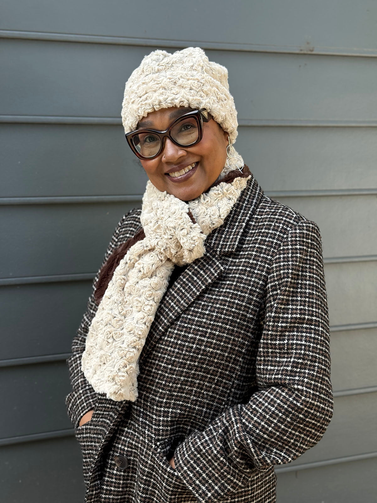 Woman wearing the Beanie Hat in Rosebud Brown with a matching Classic Scarf Two-Tone in Rosebud Brown and Cuddly Chocolate
. Made in Seattle, WA, USA by Pandemonium Seattle.