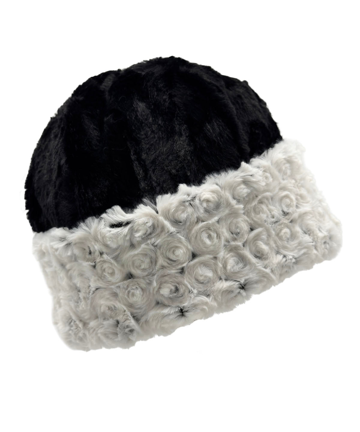 Reversible Beanie in Rosebud Black Classic Luxury Faux Fur shown reversed to Cuddly Black with Rosebud Black Cuffed Brim. Made in Seattle, WA, USA by Pandemonium Seattle.