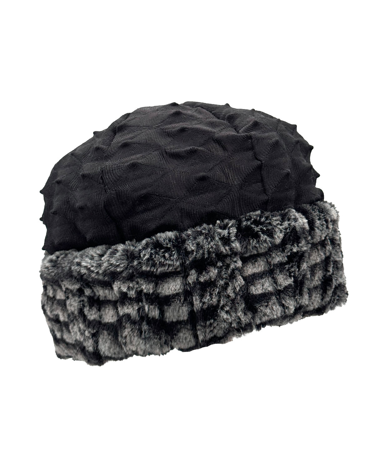 Beanie Hat in Fractal Black and Luxury Faux Fur 8MM Black and White. Shown with faux fur cuff turned up. Made in Seattle, WA, USA by Pandemonium Seattle.