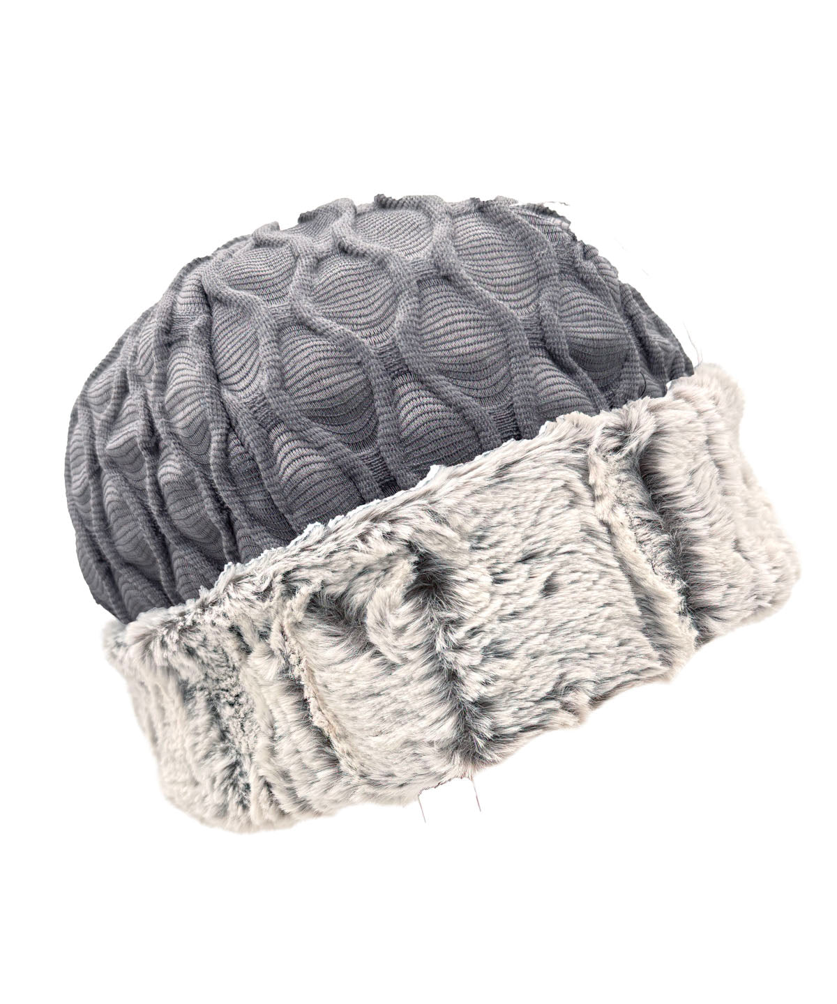 Beanie Hat in Fractal Black and Luxury Faux Fur 8MM Black and White. Shown with faux fur cuff turned up. Made in Seattle, WA, USA by Pandemonium Seattle.