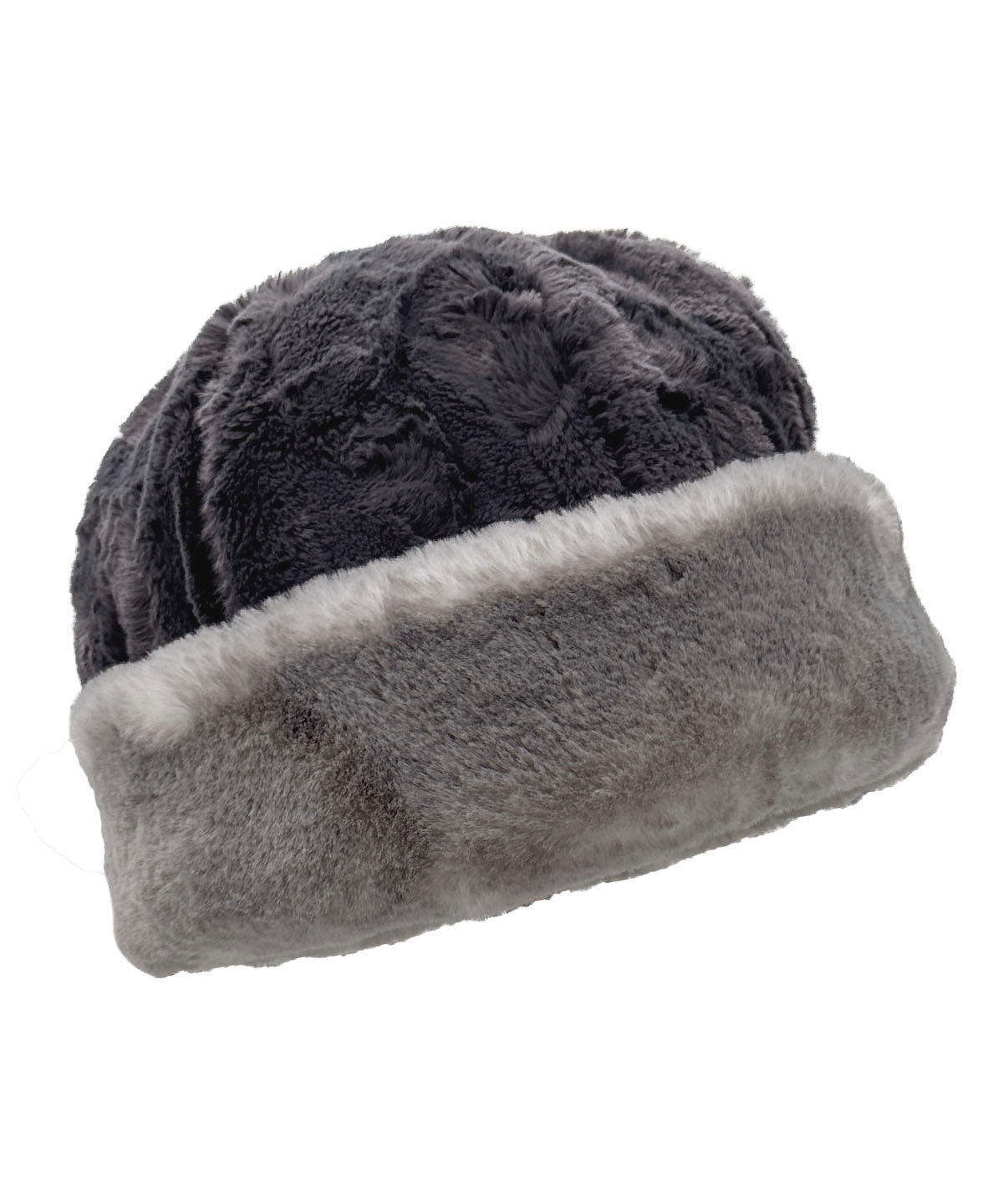 Faux Fur Beanie Hat in Luxury Coastal Plush Faux Fur in Olympic Fog. Shown reversed to the Cuddly Smoky Faux Fur side with the Golden Bluff cuff turned up. Made in Seattle, WA, USA by Pandemonium Seattle.
