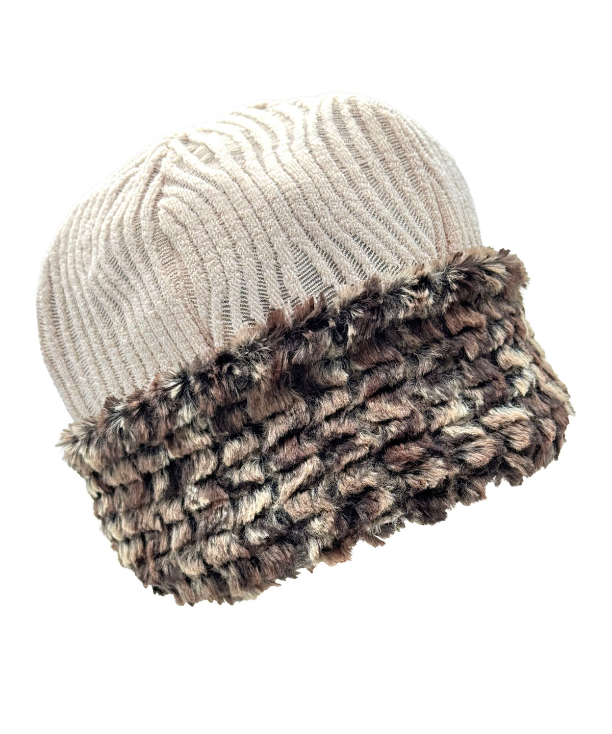 Beanie Hat in Fractal Blush and Luxury Faux Fur Calico. Shown with faux fur cuff turned up. Made in Seattle, WA, USA by Pandemonium Seattle.
