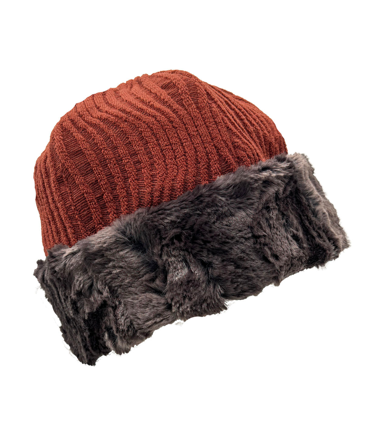 Beanie Hat in Fractal Burnt Sienna and Luxury Faux Fur Espresso Bean. Shown with faux fur cuff turned up. Made in Seattle, WA, USA by Pandemonium Seattle. 