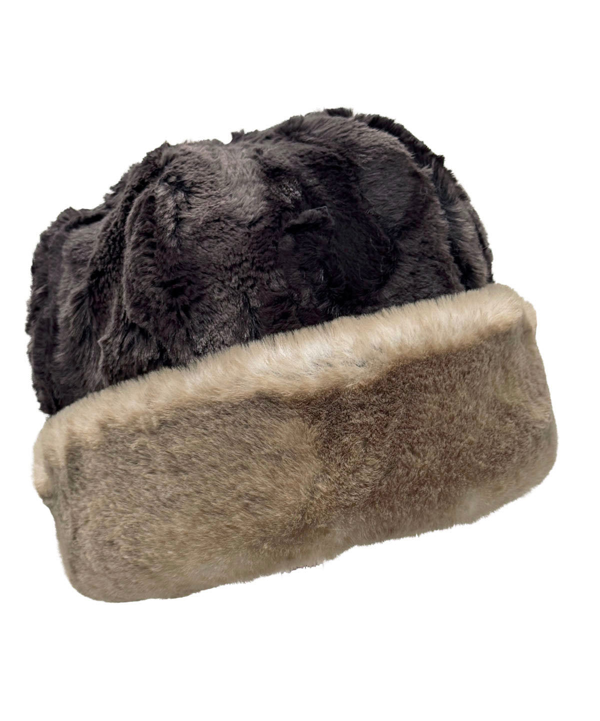 Faux Fur Beanie Hat in Luxury Coastal Plush Faux Fur in Golden Bluff. Available  in solid or two-tone with Espresso Bean. Shown with the cuff turned up. Made in Seattle, WA, USA by Pandemonium Seattle.