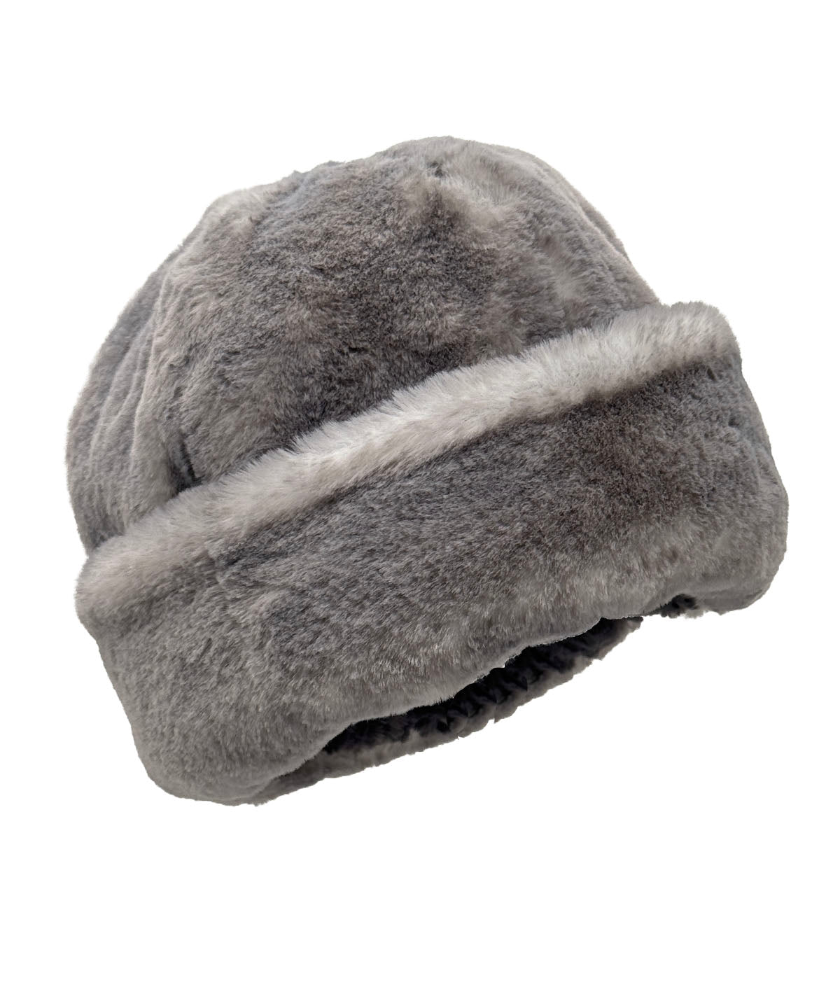 Faux Fur Beanie Hat in Luxury Coastal Plush Faux Fur in Olympic Fog. Available  in solid or two-tone with Cuddly Smoky. Shown with the cuff turned up. Made in Seattle, WA, USA by Pandemonium Seattle.