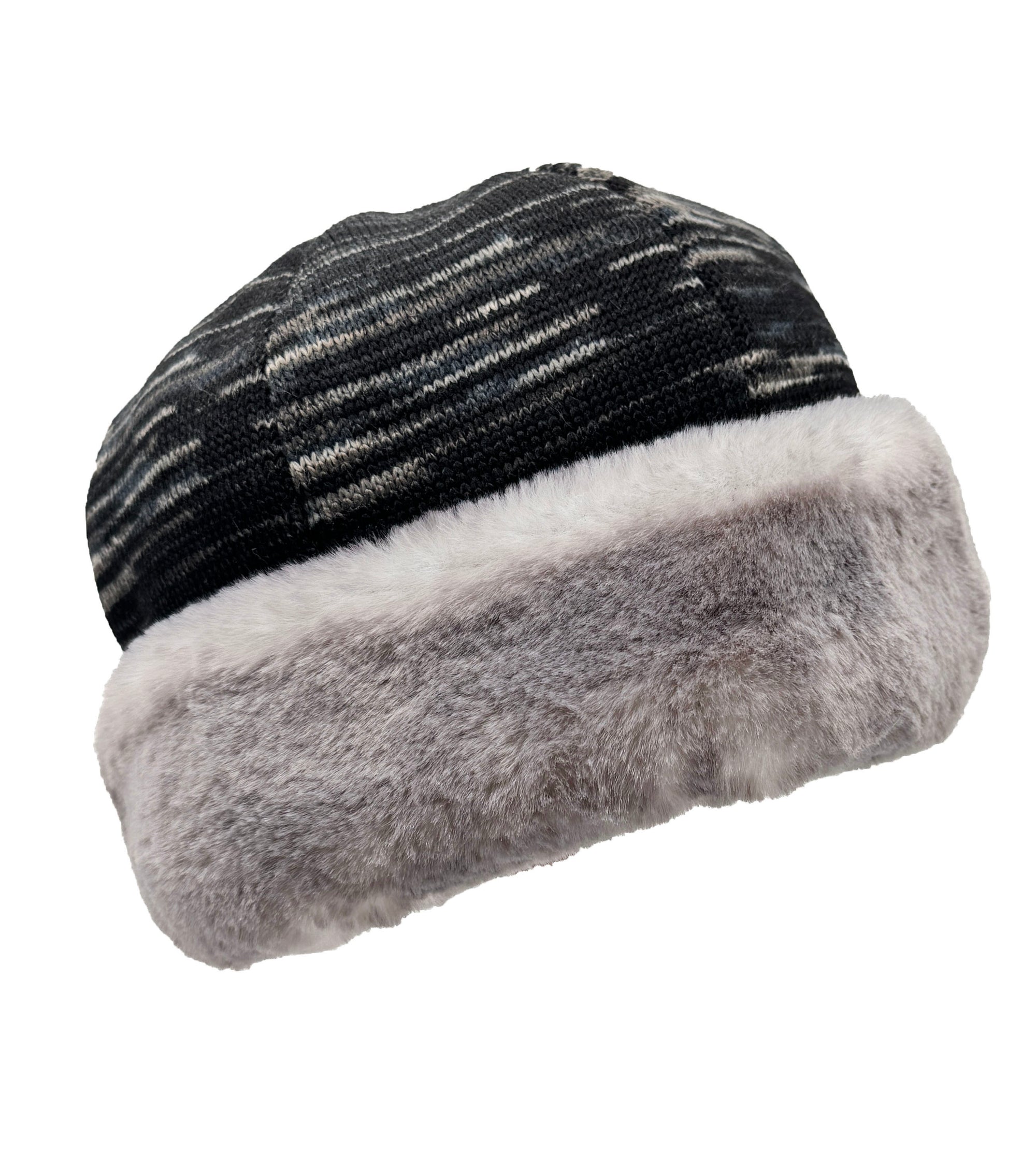 Beanie Hat in Blackberry Cobbler and Olympic Fog Faux Fur. Made in Seattle, WA, USA by Pandemonium Seattle.