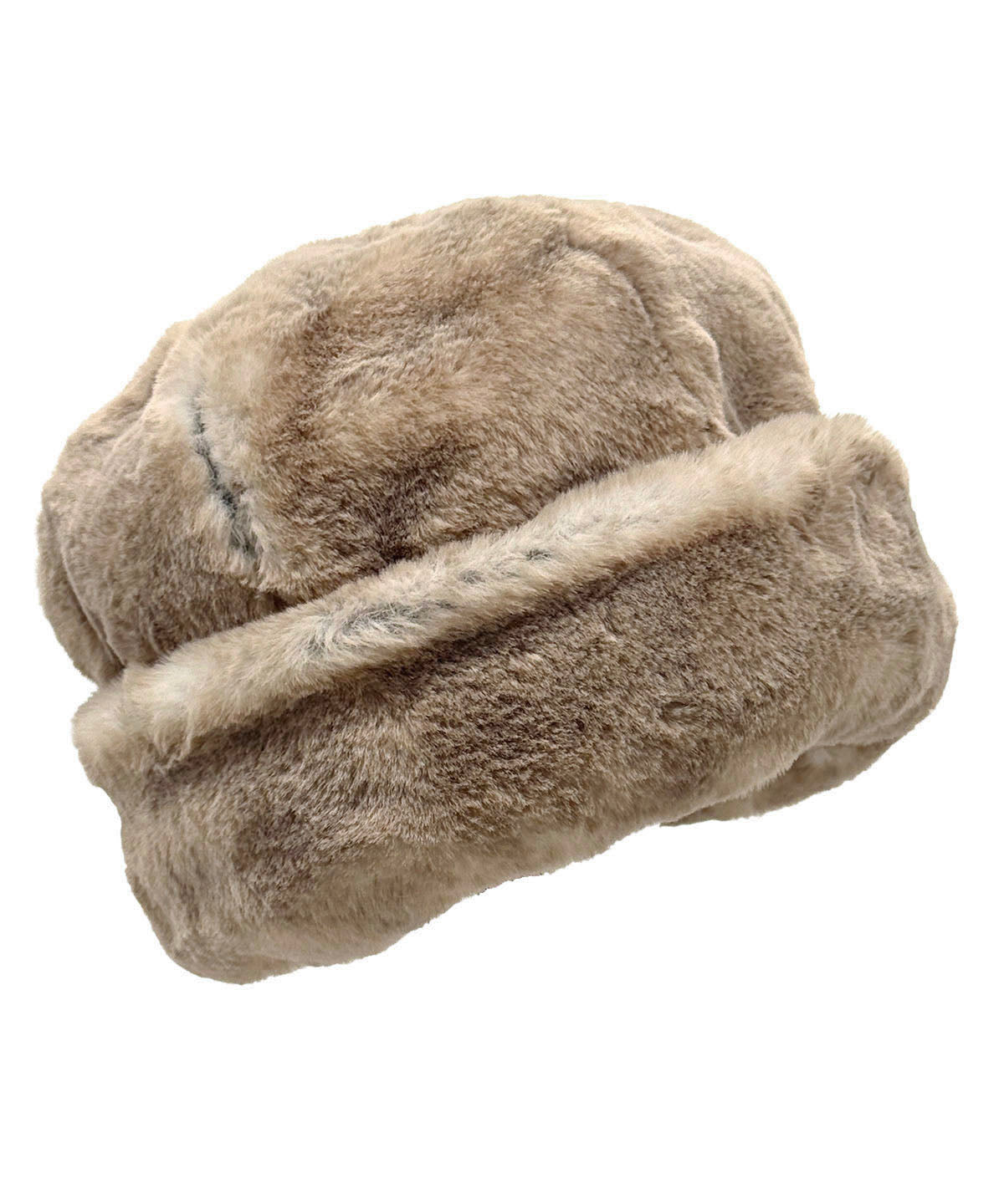 Faux Fur Beanie Hat in Luxury Coastal Plush Faux Fur in Golden Bluff. Available  in solid or two-tone with Espresso Bean. Shown with the cuff turned up. Made in Seattle, WA, USA by Pandemonium Seattle.