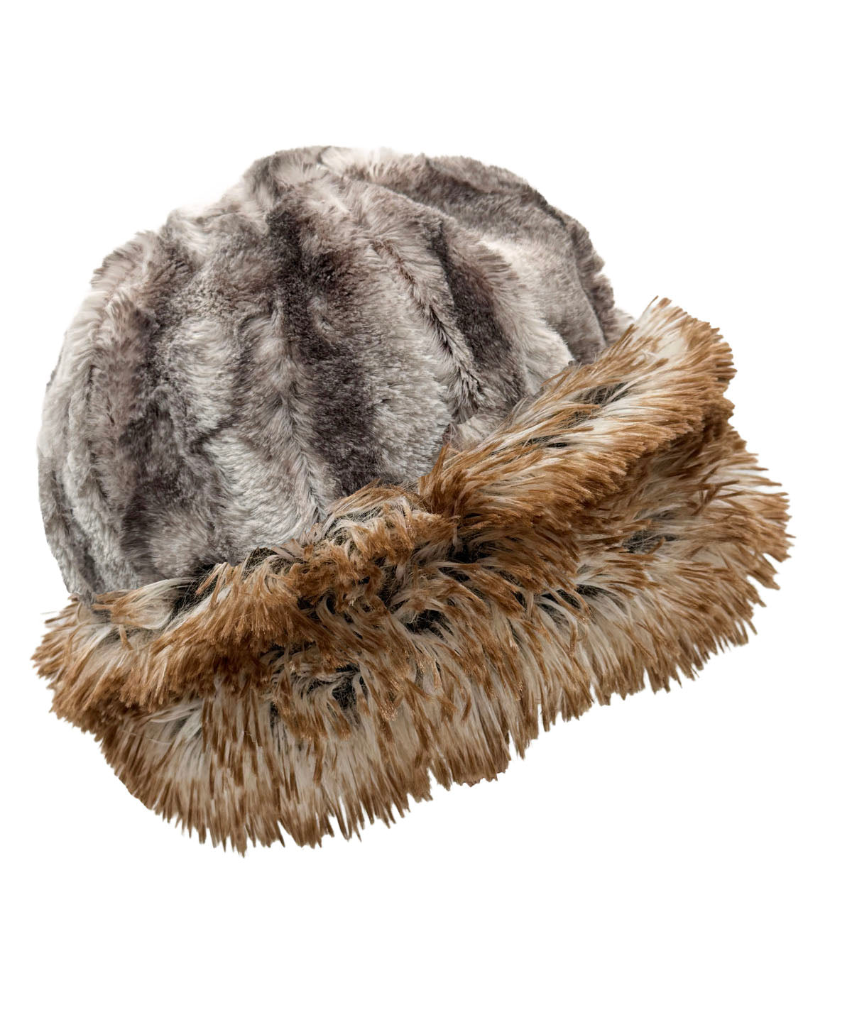 Faux Fur Beanie Hat in Luxury Rusty Rock Faux Fur. Available in solid or two-tone with Cuddly Taupey or Red Fox Faux Fur.  Shown with reverse side Red Fox with Red Fox faux fur cuff turned up. Made in Seattle, WA, USA by Pandemonium Seattle.