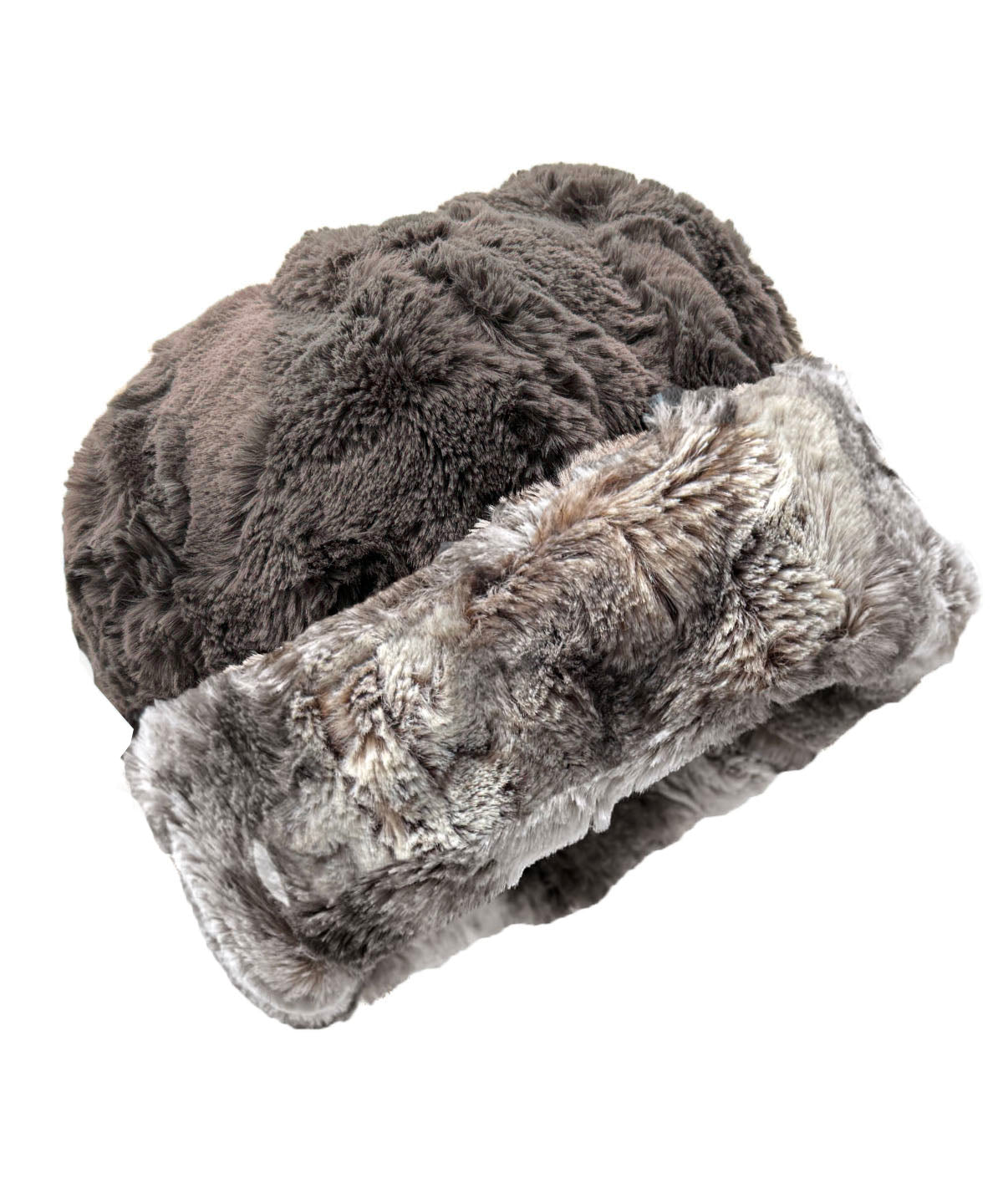 Faux Fur Beanie Hat in Luxury Rusty Rock Faux Fur. Available in solid or two-tone with Cuddly Taupey or Red Fox Faux Fur.  Shown with cuff turned up. Made in Seattle, WA, USA by Pandemonium Seattle.