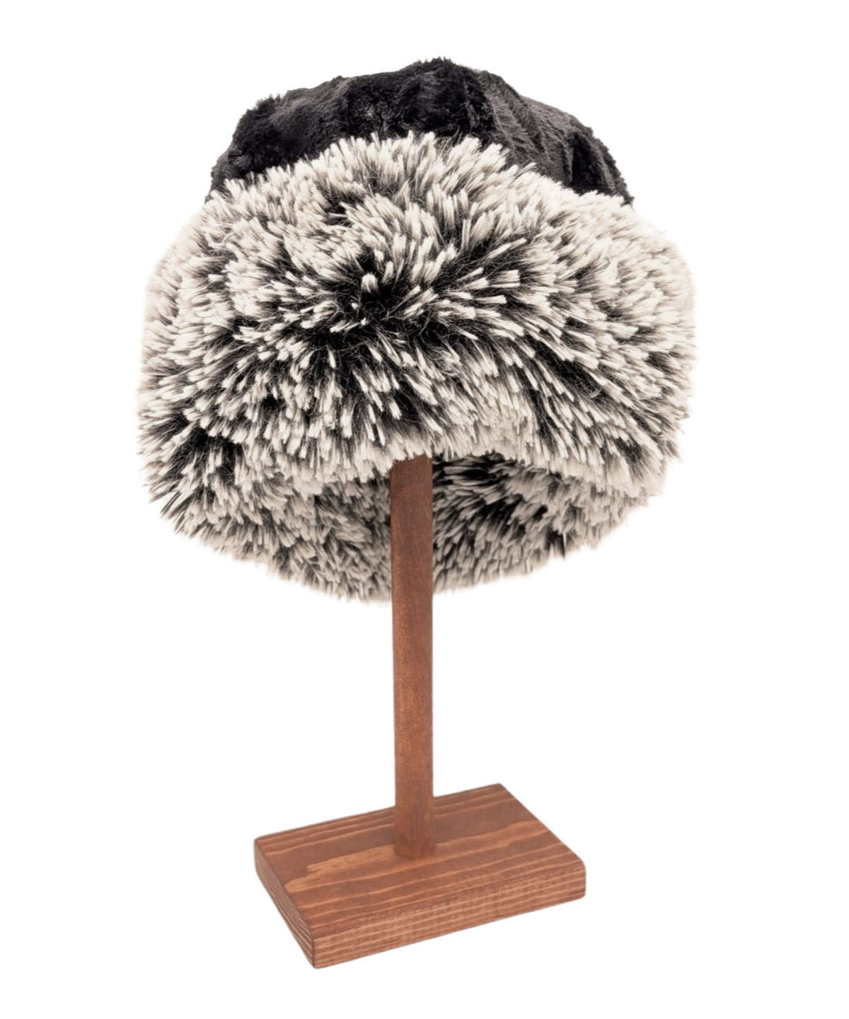 Woman modeling Beanie Hat and Vest reversible in Red Fox and Cuddly Black Faux Fur. Handmade by Pandemonium Millinery in Seattle, WA.