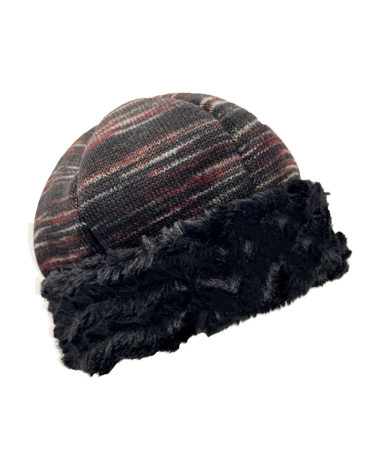 Beanie Hat in Cherry Cordial and Desert Sand Midnight Faux Fur. Made in Seattle, WA, USA by Pandemonium Seattle.
