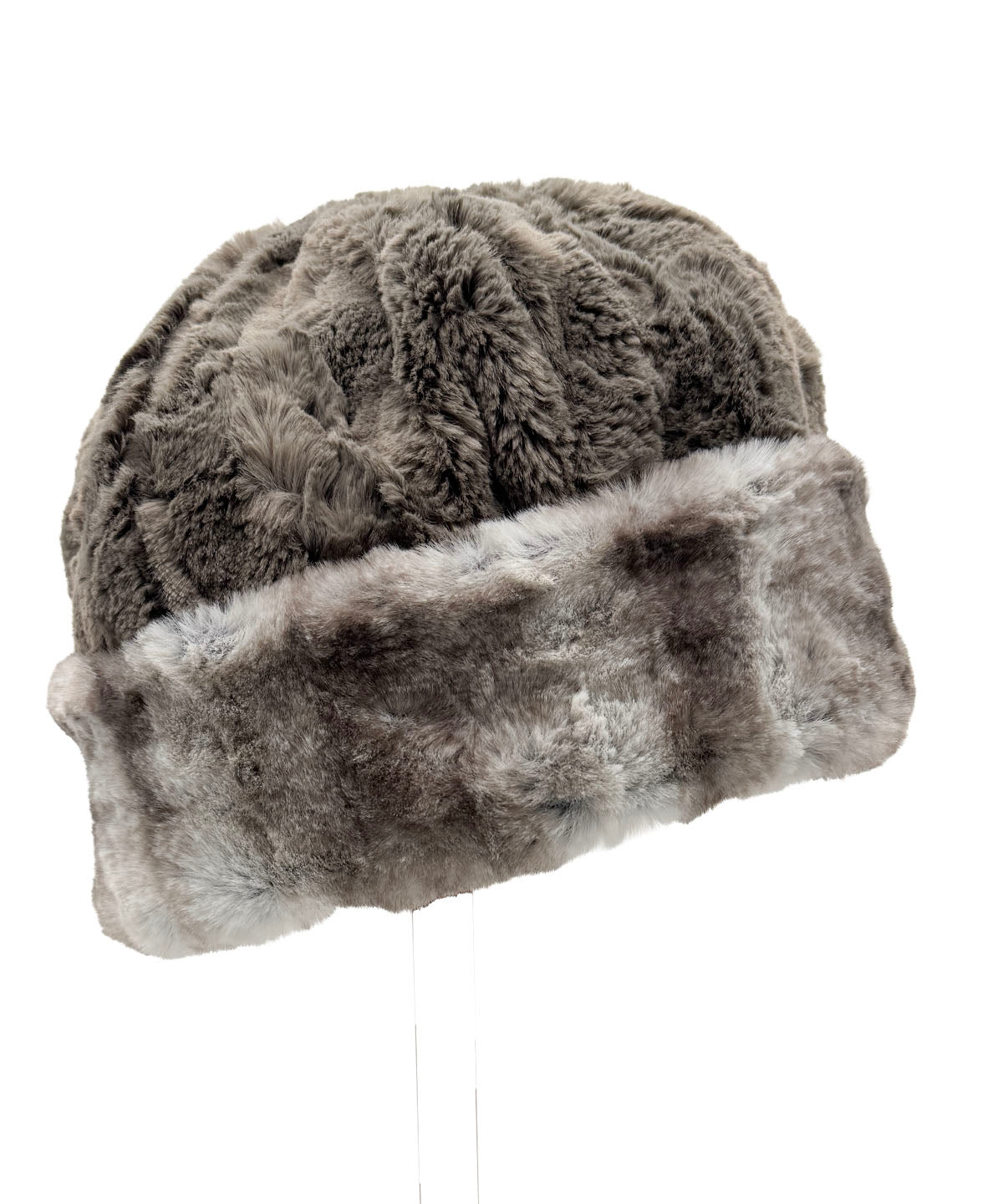 Faux Fur Beanie Hat in Luxury Driftwood Faux Fur is available in solid or two-tone with Cuddly Taupey Faux Fur. Shown reversed to the Cuddly Taupey side with the Driftwood cuff turned up. Made in Seattle, WA, USA by Pandemonium Seattle.