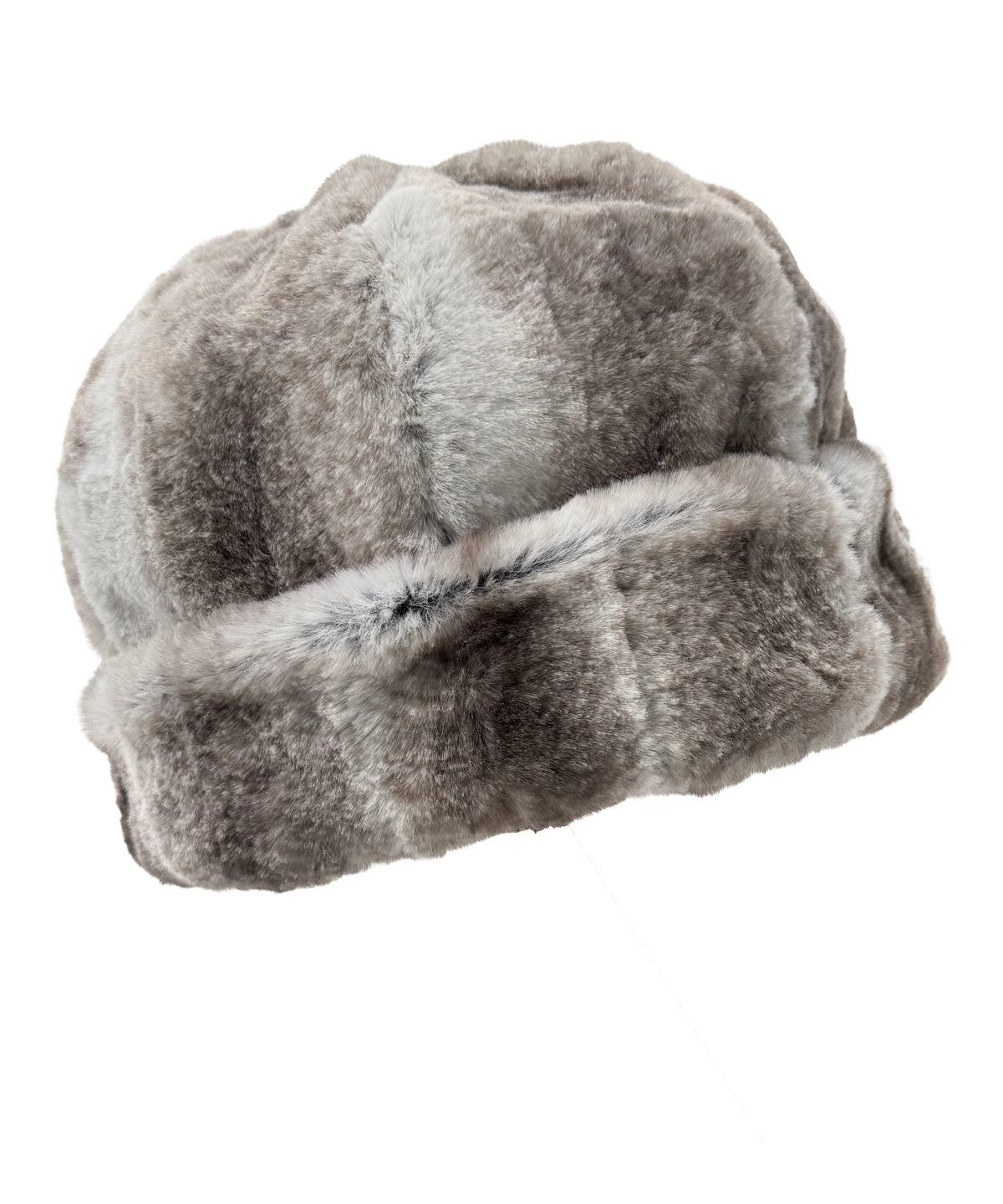 Faux Fur Beanie Hat in Luxury Driftwood Faux Fur is available in solid or two-tone with Cuddly Taupey Faux Fur. Shown with the cuff turned up. Made in Seattle, WA, USA by Pandemonium Seattle.