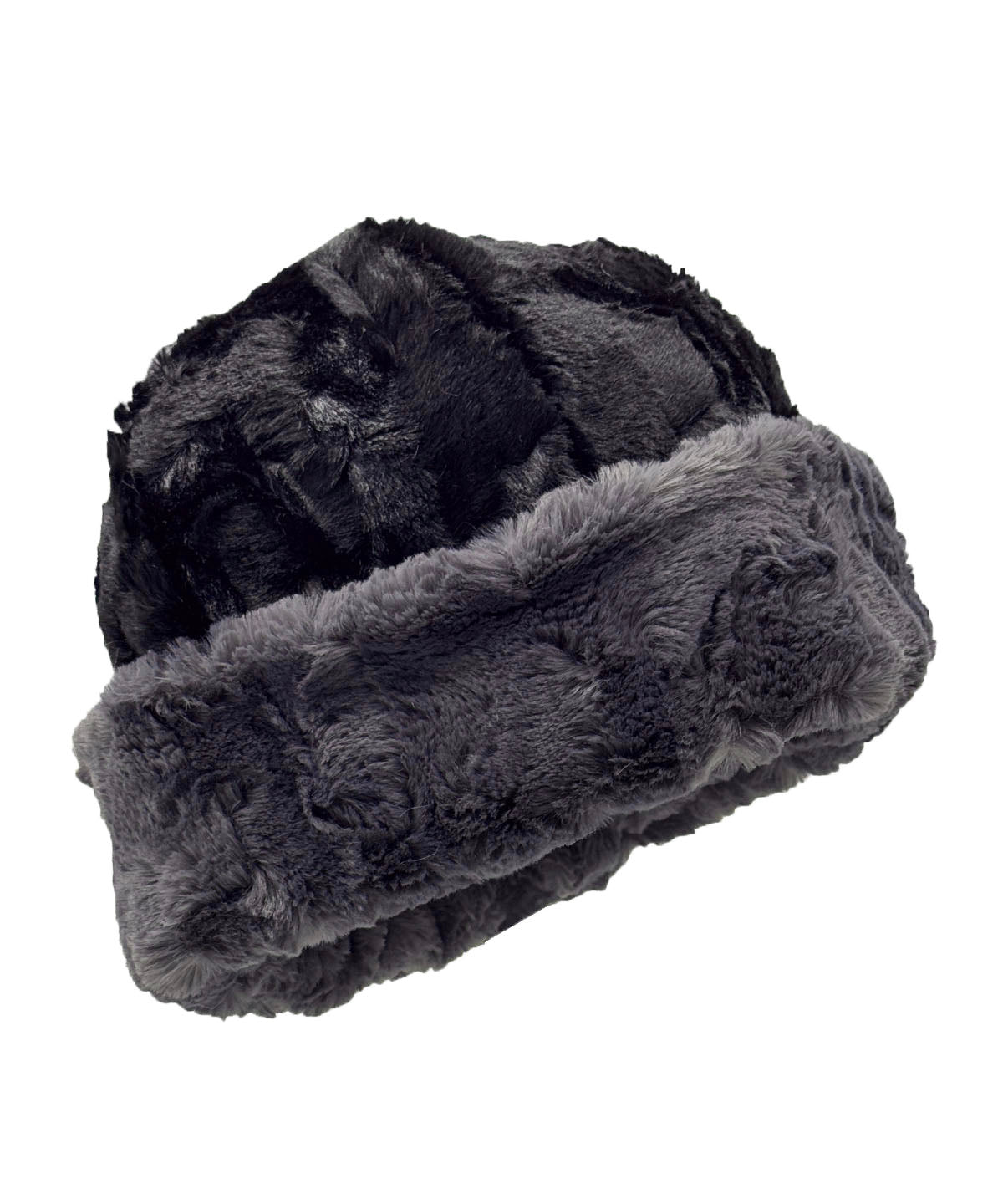 Faux Fur Beanie Hat in Cuddly Smoky Faux Fur. Available in solid or two-tone with Cuddly Black faux fur. Shown with the cuff turned up. Made in Seattle, WA, USA by Pandemonium Seattle.