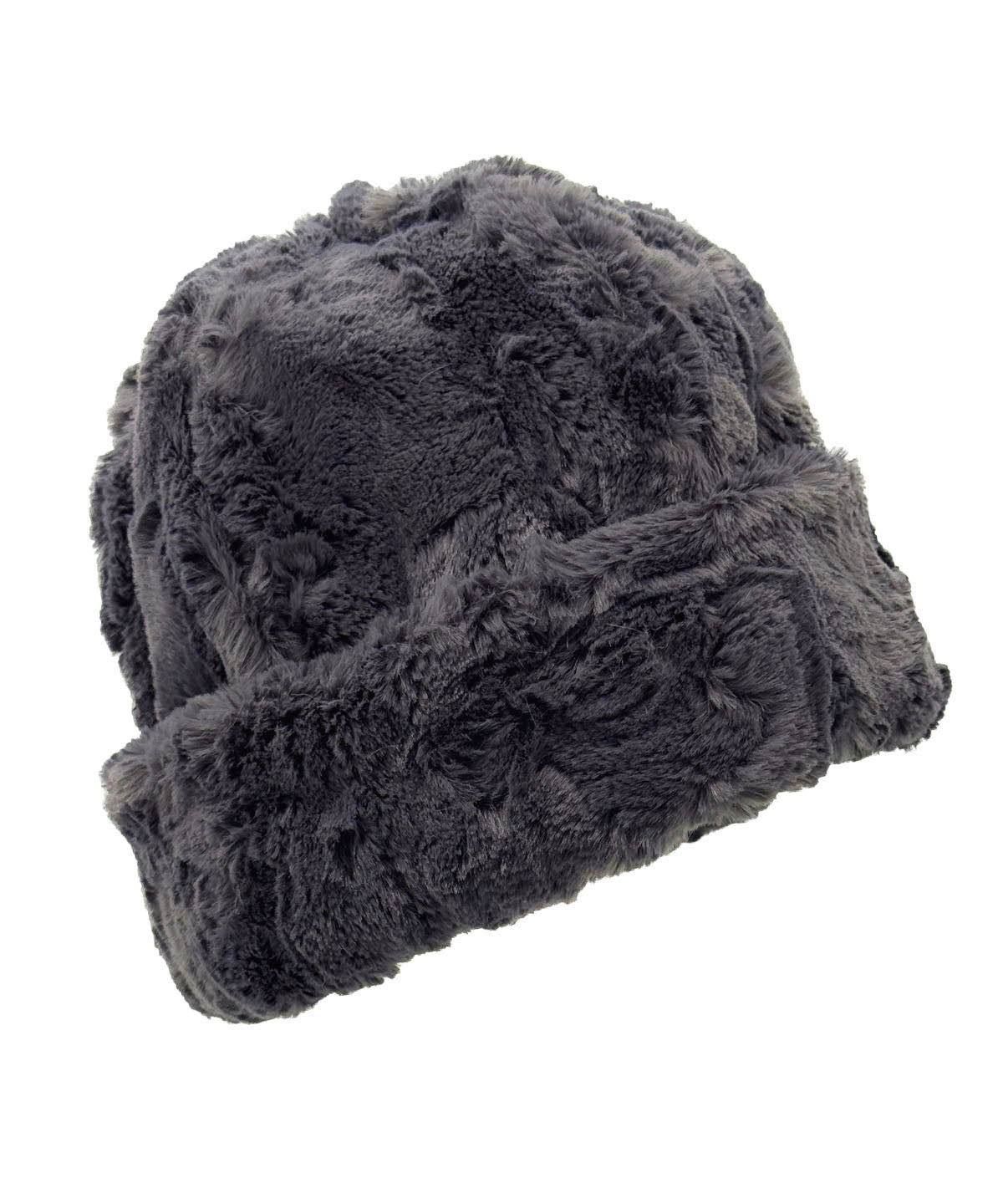 Faux Fur Beanie Hat in Cuddly Smoky Faux Fur. Available in solid or two-tone with Cuddly Black faux fur. Shown with the cuff turned up. Made in Seattle, WA, USA by Pandemonium Seattle.