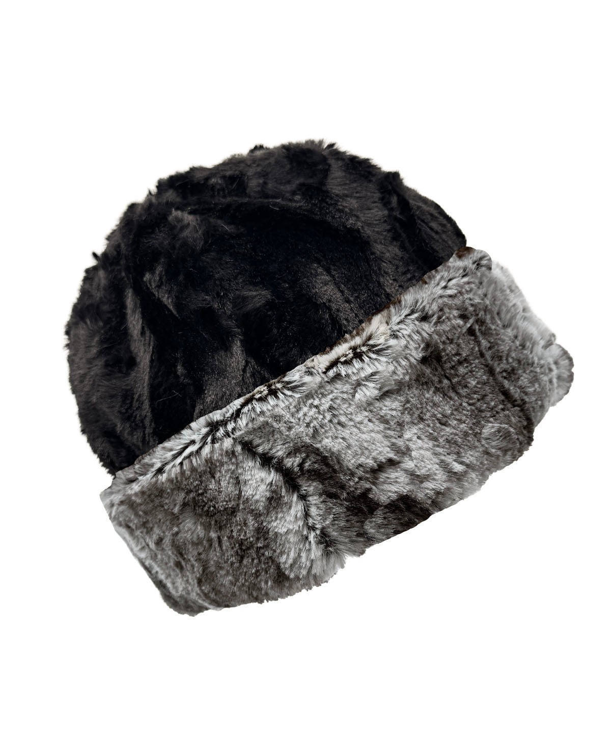 Faux Fur Beanie Hat in Rocky Steady Luxury Faux Fur. Available in solid or two-tone with Cuddly Black Faux Fur. Shown with the reverse Cuddly Black side with the Rock Steady cuff turned up. Made in Seattle, WA, USA by Pandemonium Seattle.