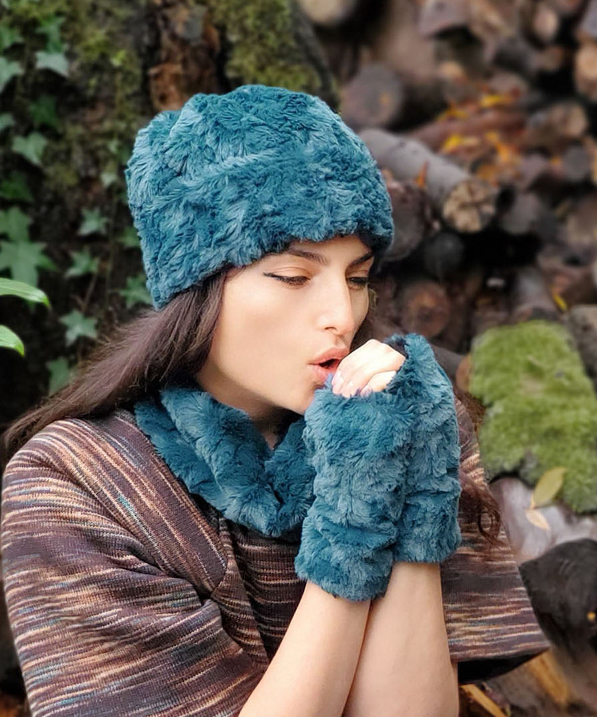 Reversible Fingerless Gloves | Peacock Pond Luxury Faux Fur | Pandemonium Millinery
