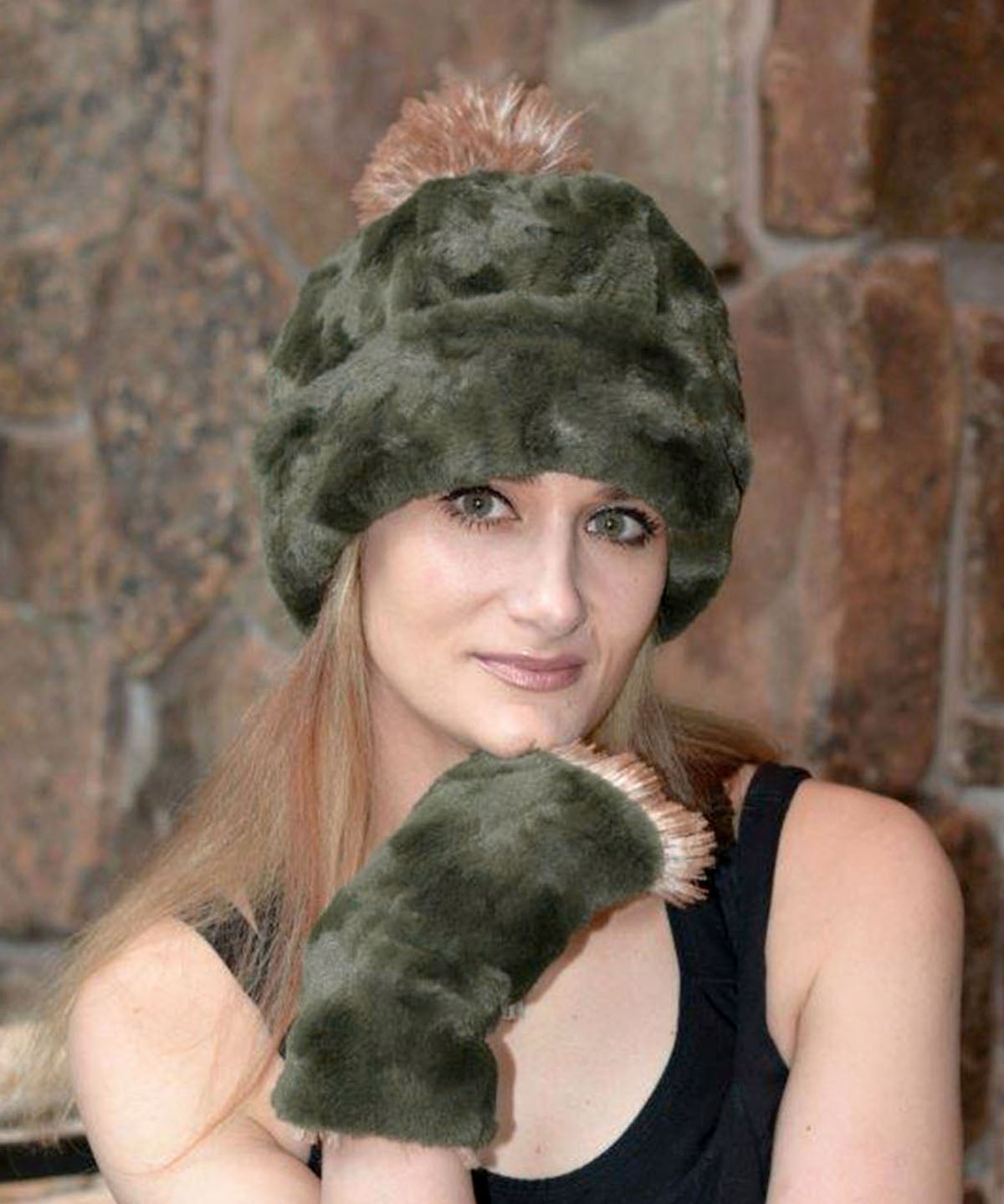 Beanie Hat Reversible Cuddly Faux in Army Green Lined in Cuddly Black with Red Fox Pom - by Pandemonium Millinery