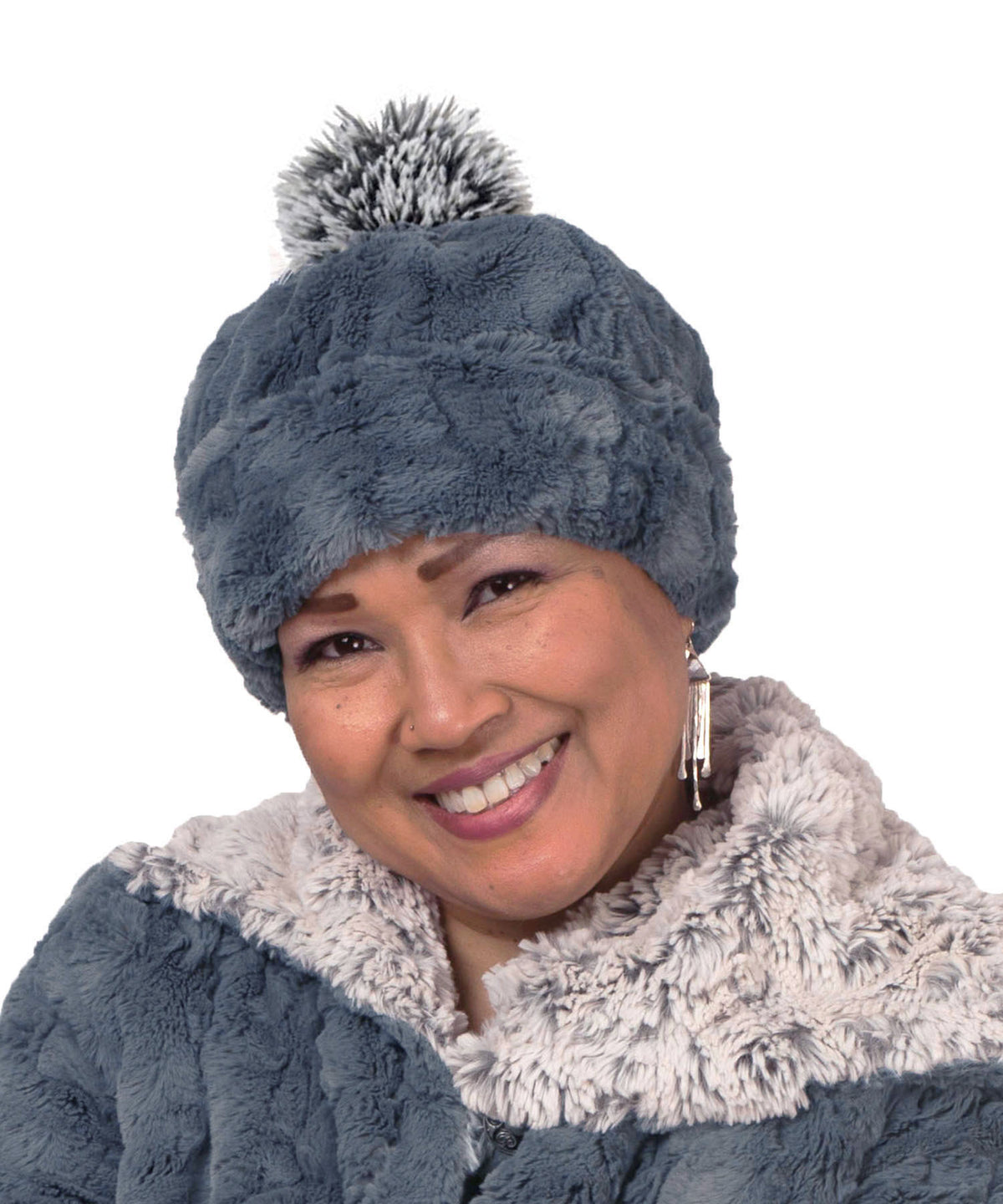 Woman modeling Beanie Hat reversible Cuddly Faux Fur in Slate and Cuddly Ivory. Handmade by Pandemonium Millinery in Seattle, WA.