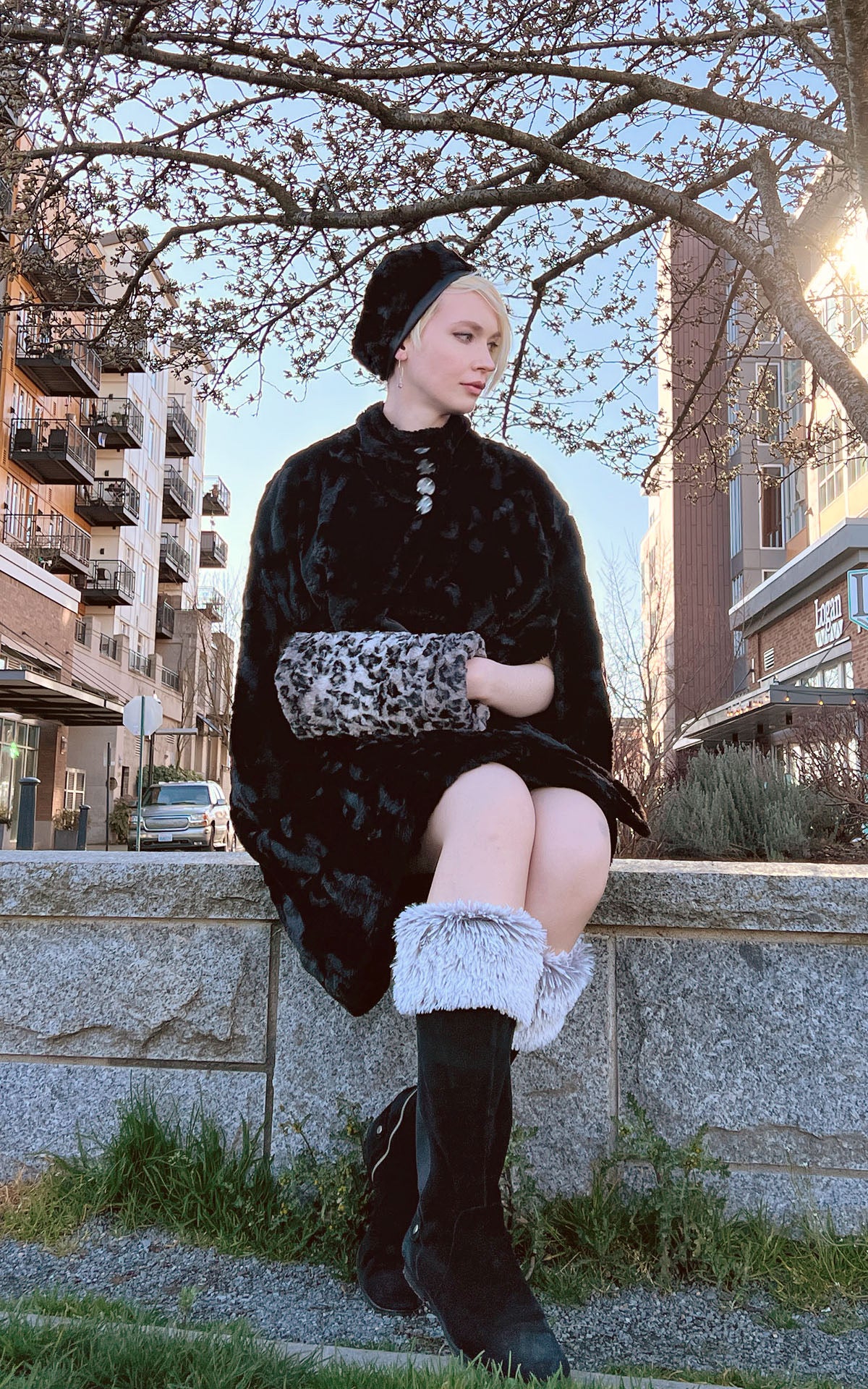 Woman with Muff in Savannah Cat Faux Fur Reversible | Handmade in Seattle WA | Pandemonium Millinery