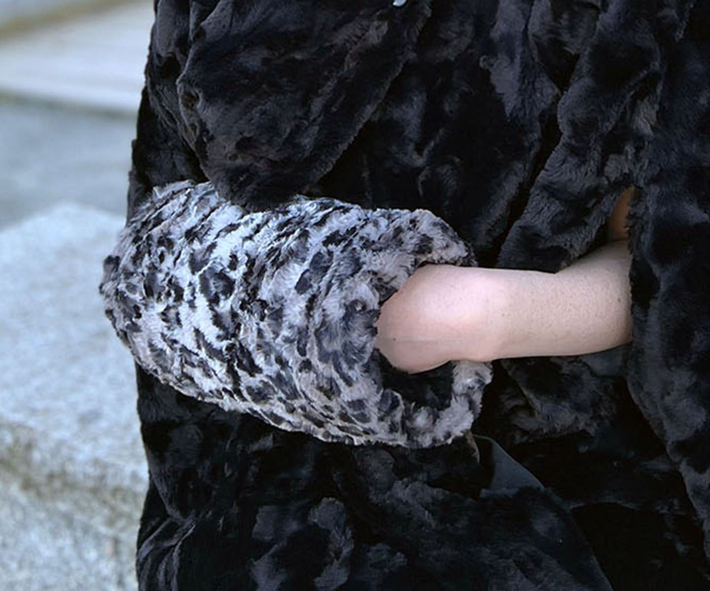 Close up of Muff in Savannah Cat Faux Fur Reversible | Handmade in Seattle WA | Pandemonium Millinery