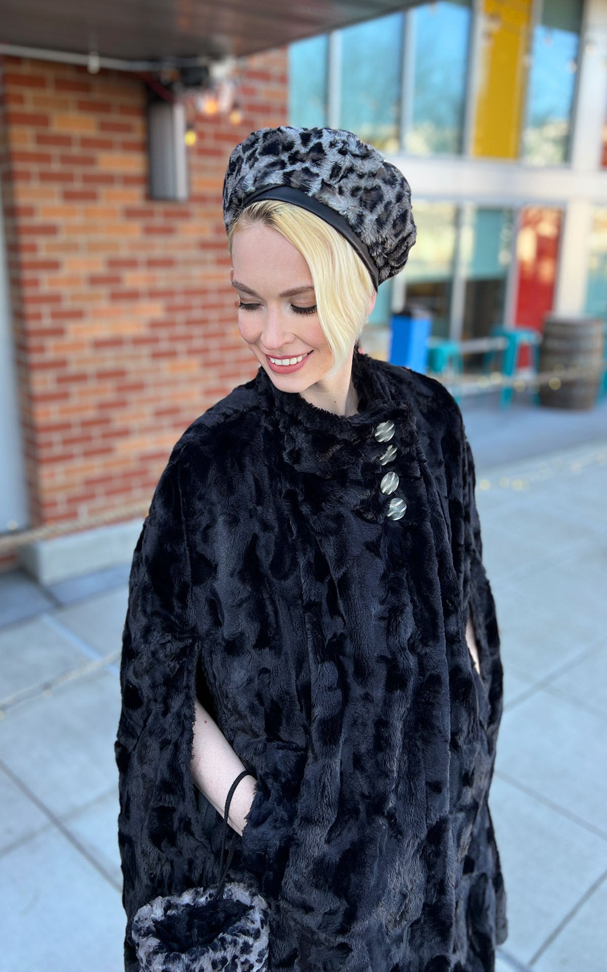 Long Cape with Beret | Cuddly Black Faux Fur with Savannah Cat | Handmade in Seattle WA USA by Pandemonium Millinery