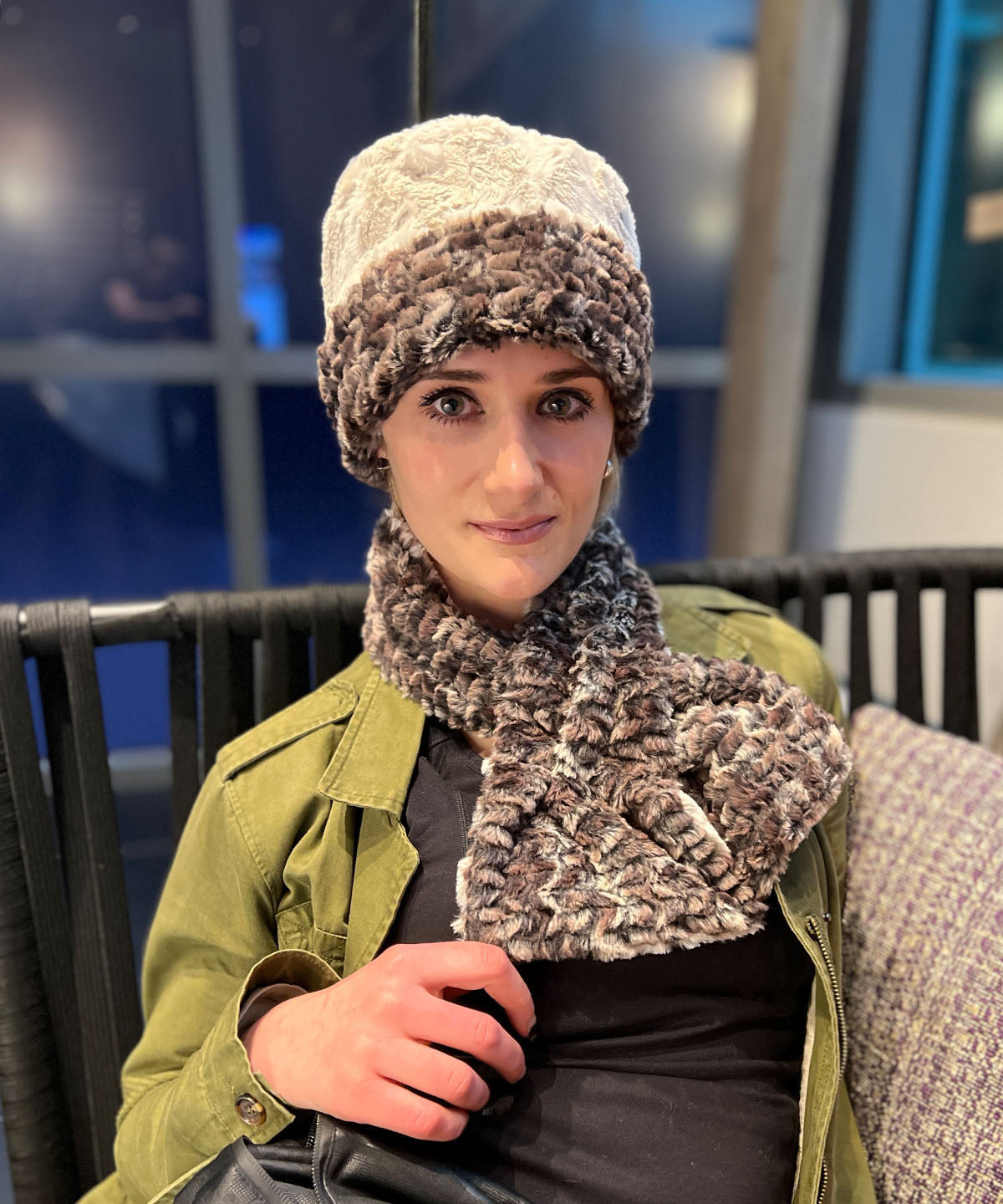 Model wearing a Pull Thru Scarf in Calico with Cuddly Faux Fur in  Sand with a matching Cuffed Pillbox by Pandemonium Seattle.  Handmade in Seattle, WA. USA