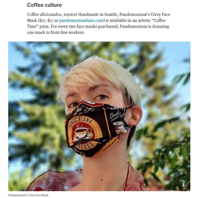 Face Mask Feature with a woman wearing a coffee themed face mask handmade by Pandemonium Seattle