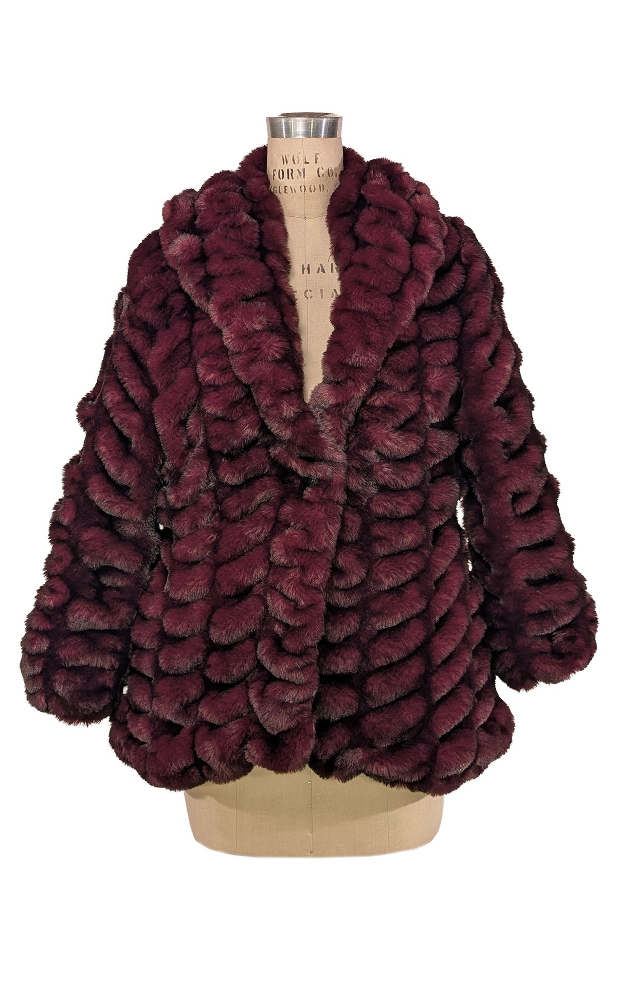 Product shot of  Cardi coat in Snow Cherry Bomb Faux Fur | Handmade in Seattle, WA USA by Pandemonium Millinery
