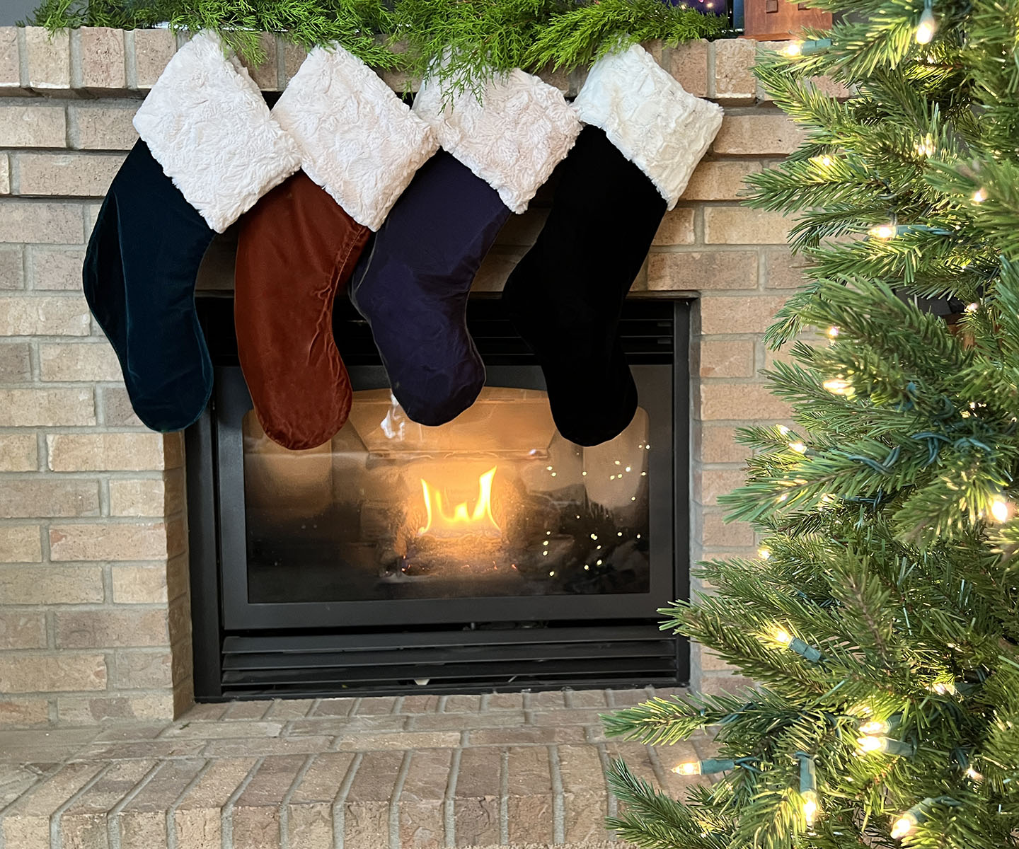 Velvet & Faux Fur Stocking - Emerald with Cuddly Sand - Handmade in USA by Pandemonium Seattle