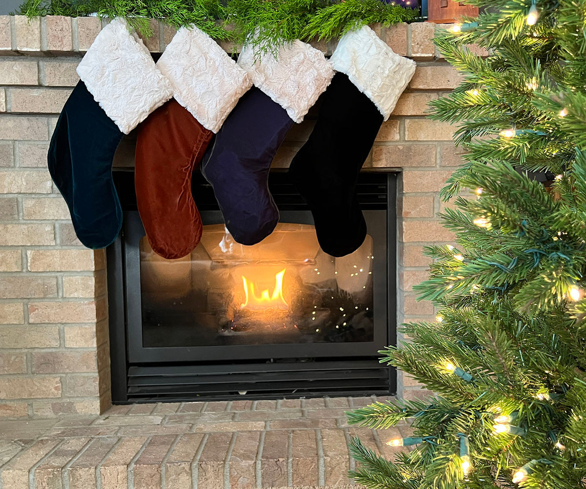 Velvet & Faux Fur Stocking - Emerald with Cuddly Sand - Handmade in USA by Pandemonium Seattle