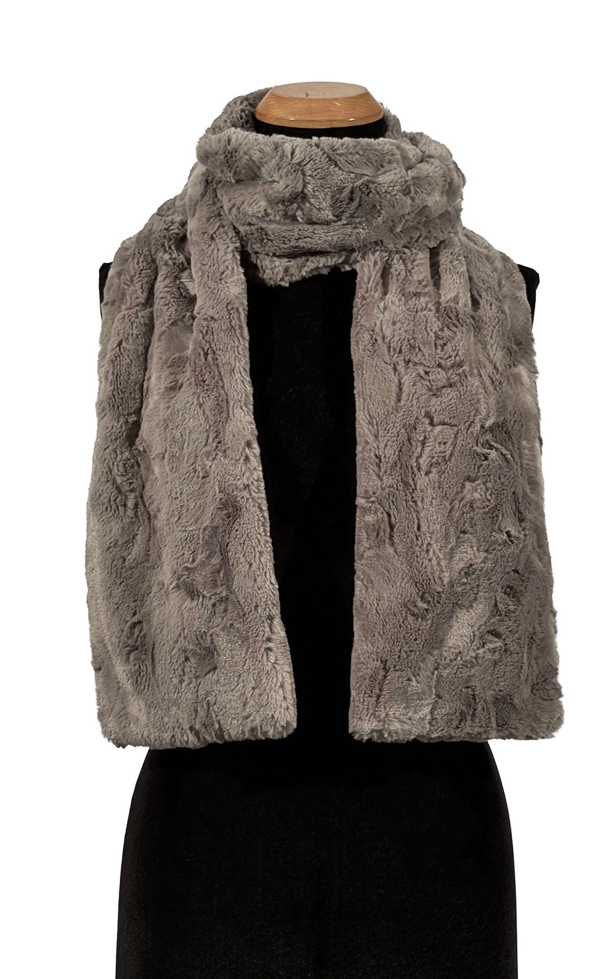 Classic Scarf in Cuddly Taupey Faux Fur is wrapped around the neck and shoulders of the mannequin. Made in Seattle, WA, USA by Pandemonium Seattle.