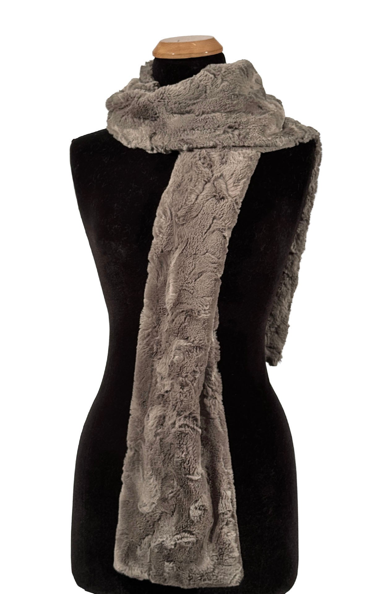 Classic Scarf in Cuddly Taupey Faux Fur is gently draped around the shoulders of the mannequin. Made in Seattle, WA, USA by Pandemonium Seattle.