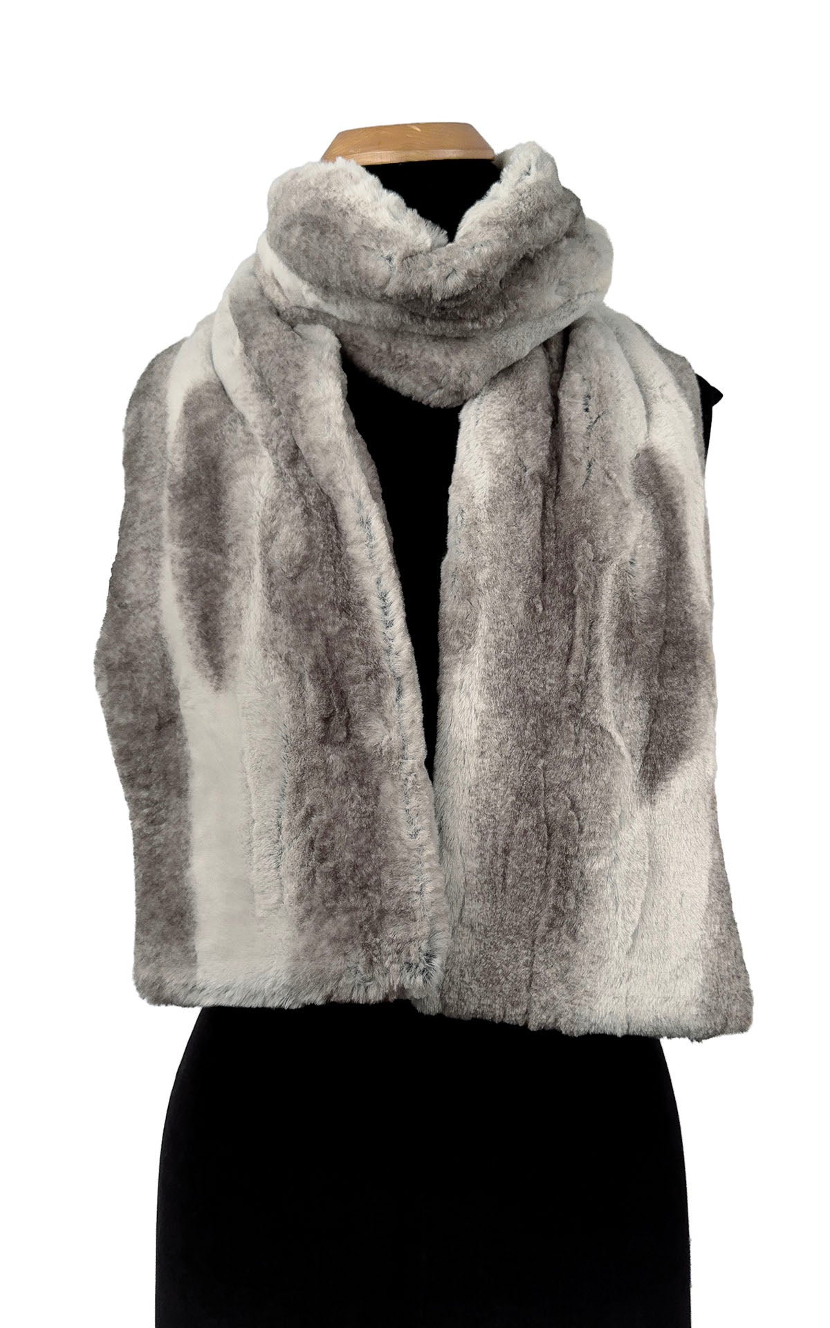 Classic Scarf in Luxury Driftwood Faux Fur casually draped around mannequin. Made in Seattle, WA, USA by Pandemonium Seattle.