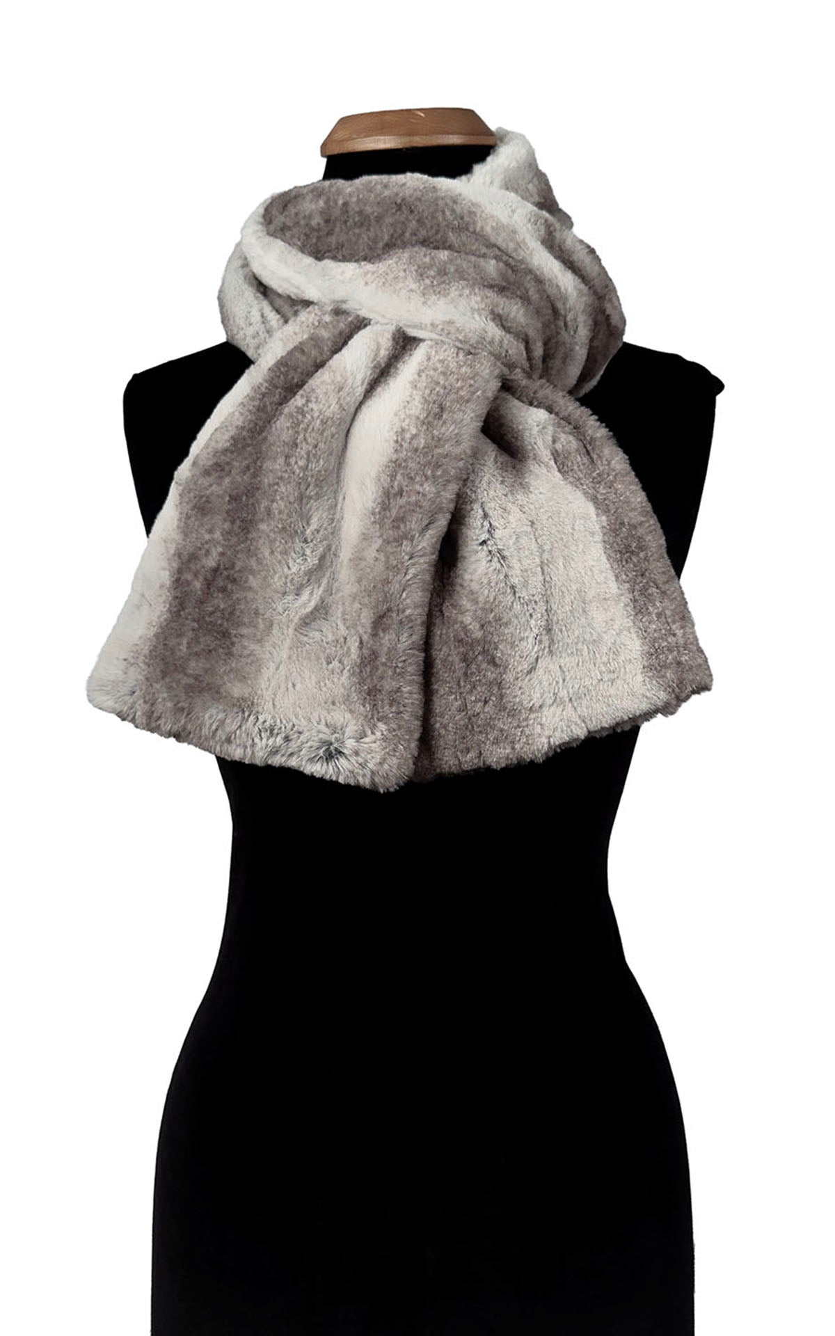 Classic Scarf in Luxury Driftwood Faux Fur tied around mannequin. Made in Seattle, WA, USA by Pandemonium Seattle.