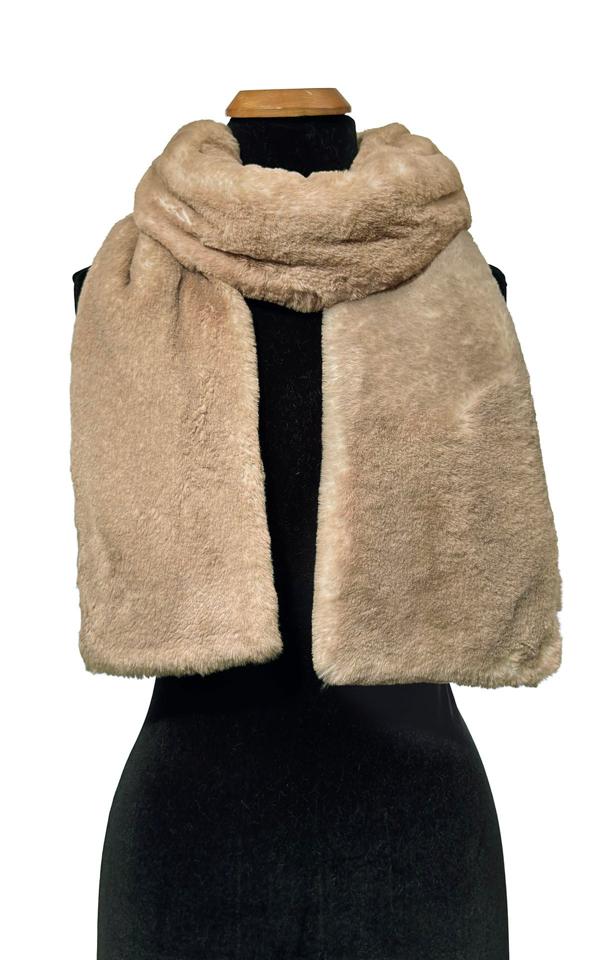 Classic Scarf in Coastal Plush Golden Bluff faux fur. The Golden Bluff scarf is shown simply draped on a mannequin. Made in Seattle, WA, USA by Pandemonium Hats.
