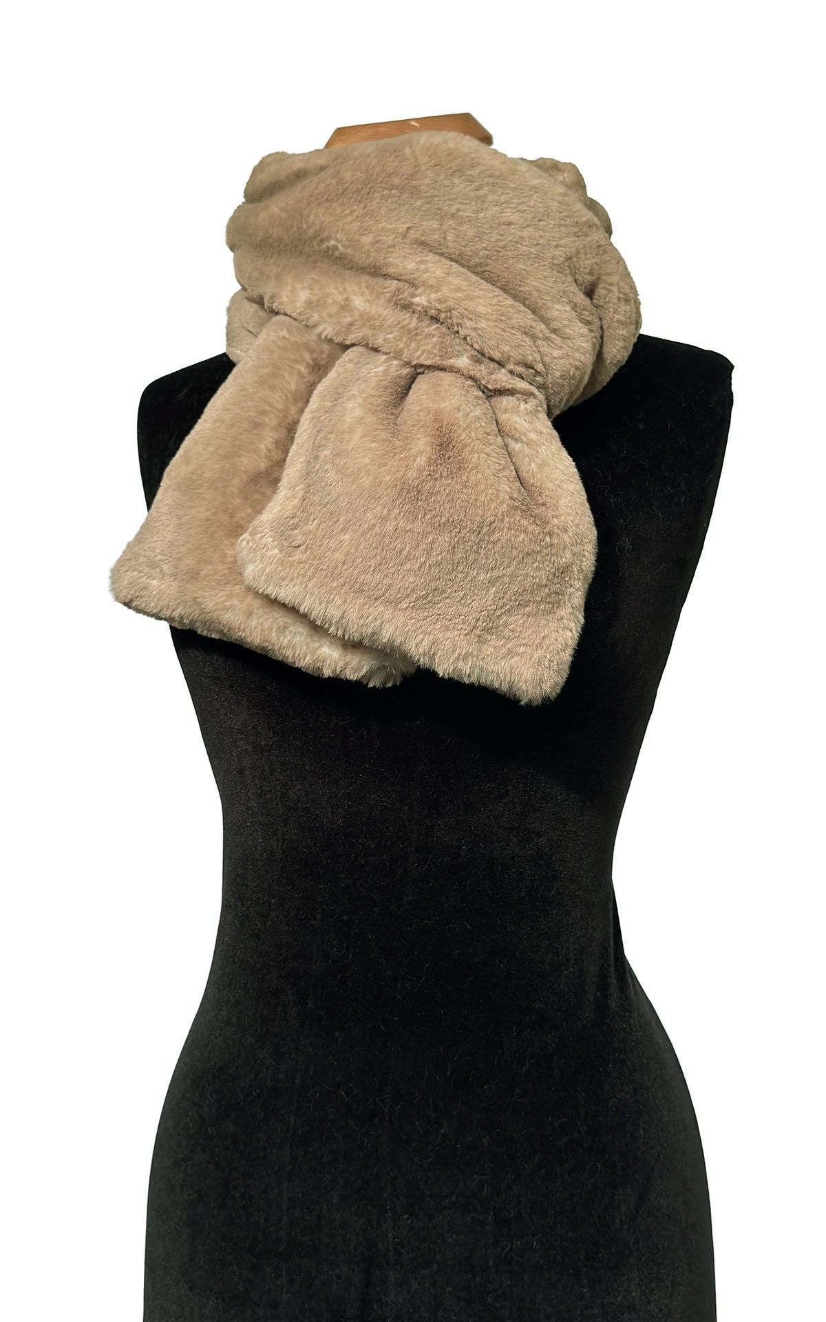 Classic Scarf in Coastal Plush Golden Bluff faux fur. The Golden Bluff scarf is shown simply tied on a mannequin. Made in Seattle, WA, USA by Pandemonium Hats.