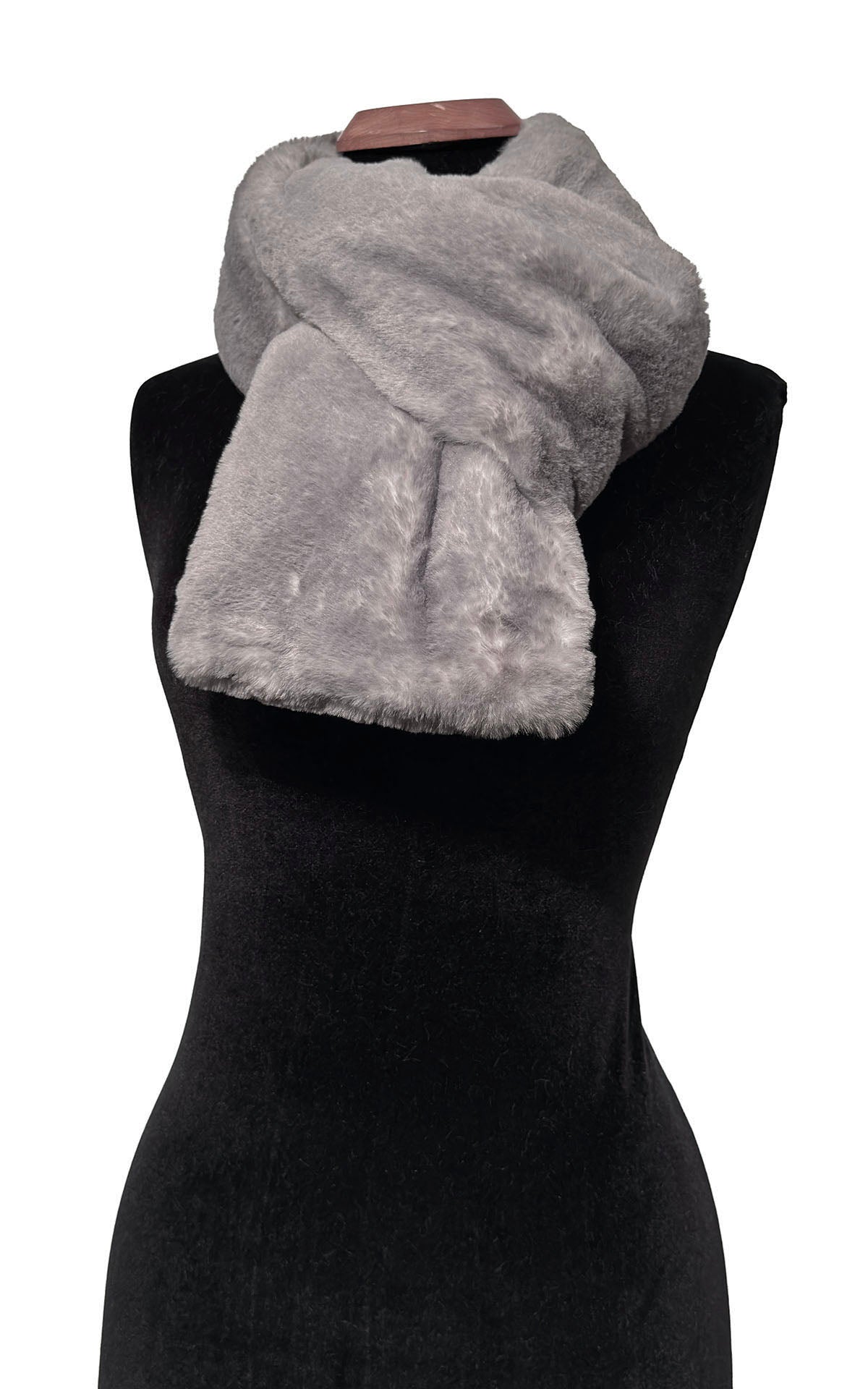Classic Scarf in Coastal Plush Olympic Fog faux fur. The Olympic Fog scarf is shown simply tied on a mannequin. Made in Seattle, WA, USA by Pandemonium Hats.