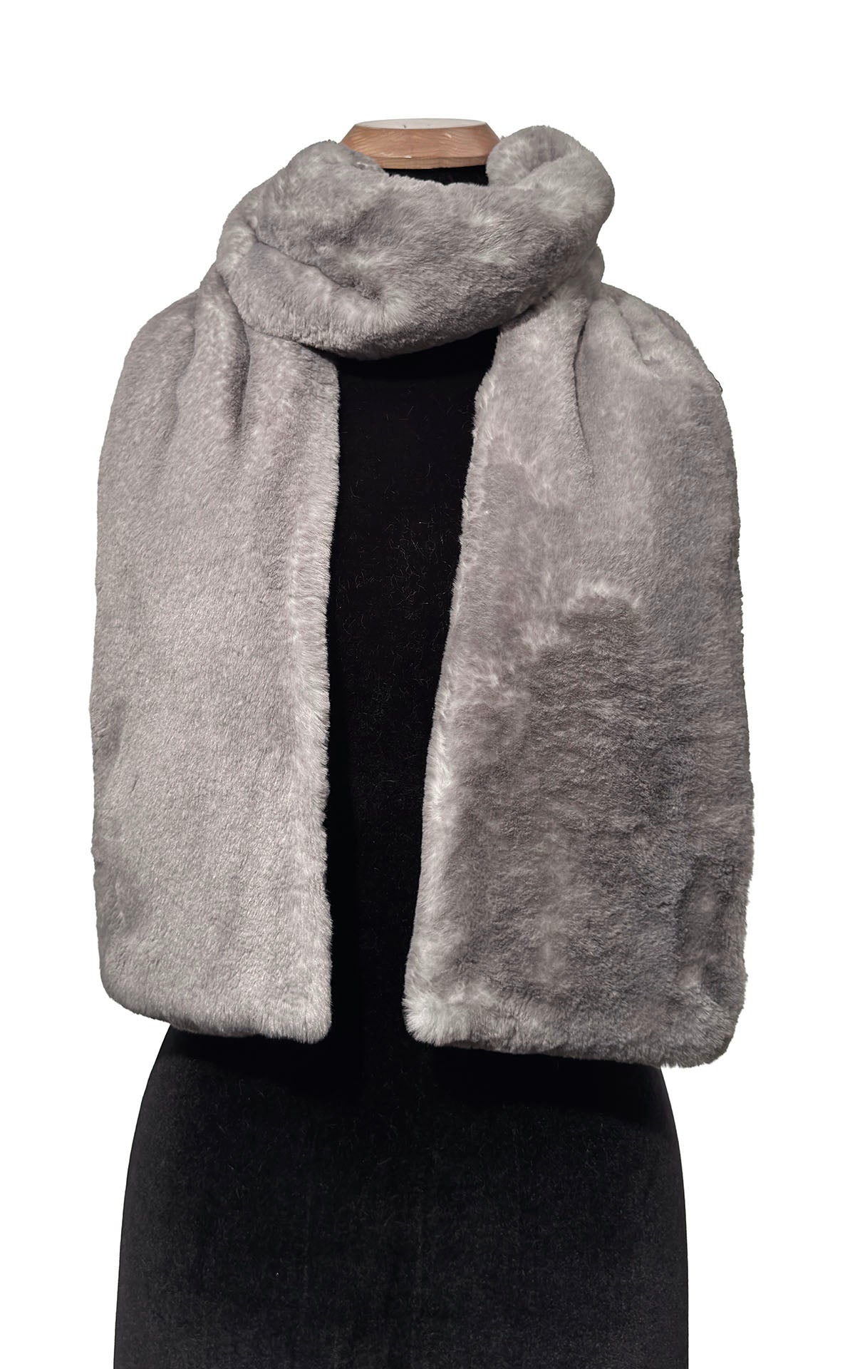 Classic Scarf in Coastal Plush Golden Bluff faux fur. The Golden Bluff scarf is shown simply draped on a mannequin. Made in Seattle, WA, USA by Pandemonium Hats.