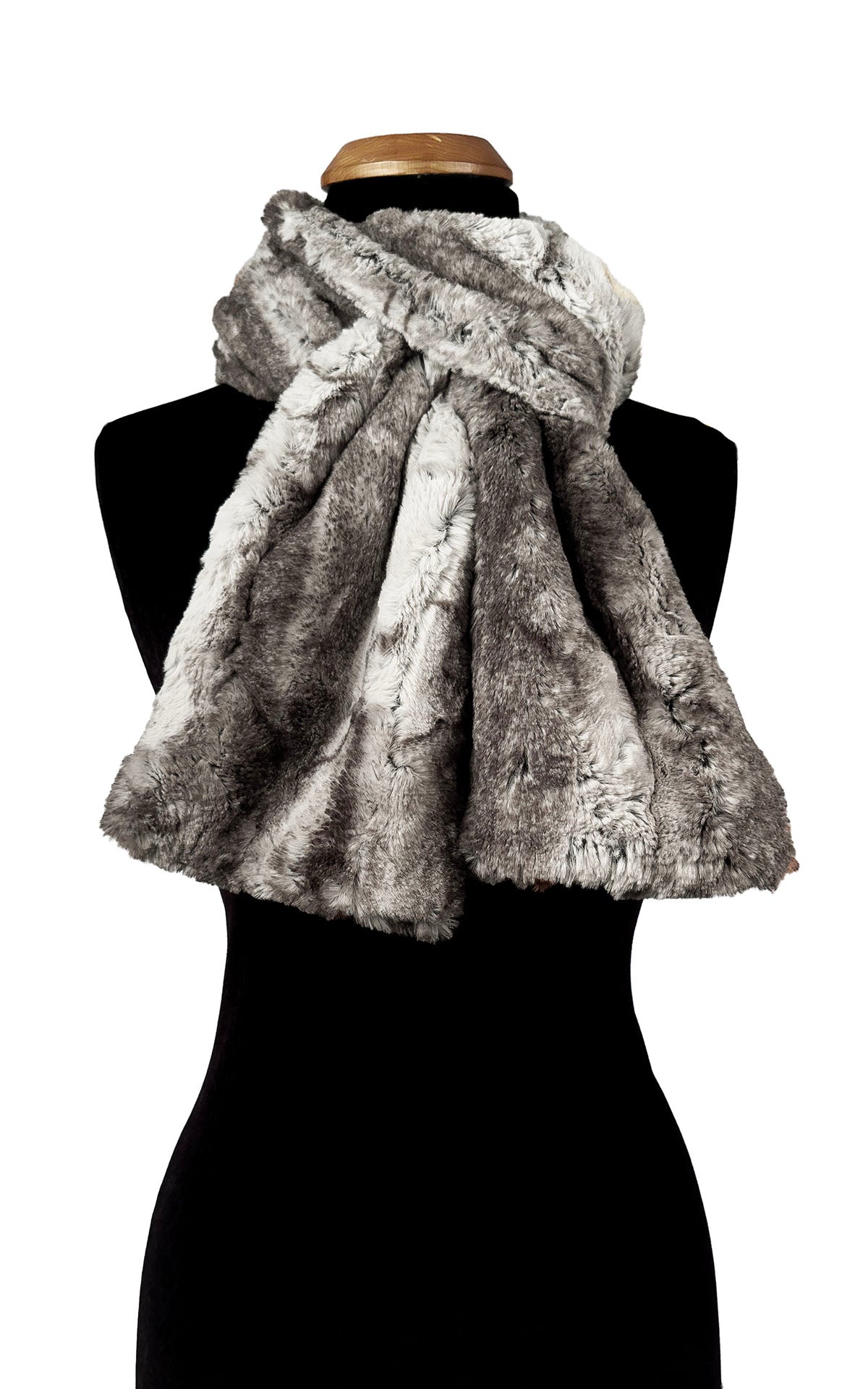 Classic Scarf in Rock Steady Luxury Faux fur. The Rock Steady scarf is shown casually tied around a mannequin. Hand sewn in Seattle, WA, USA by Pandemonium Seattle.