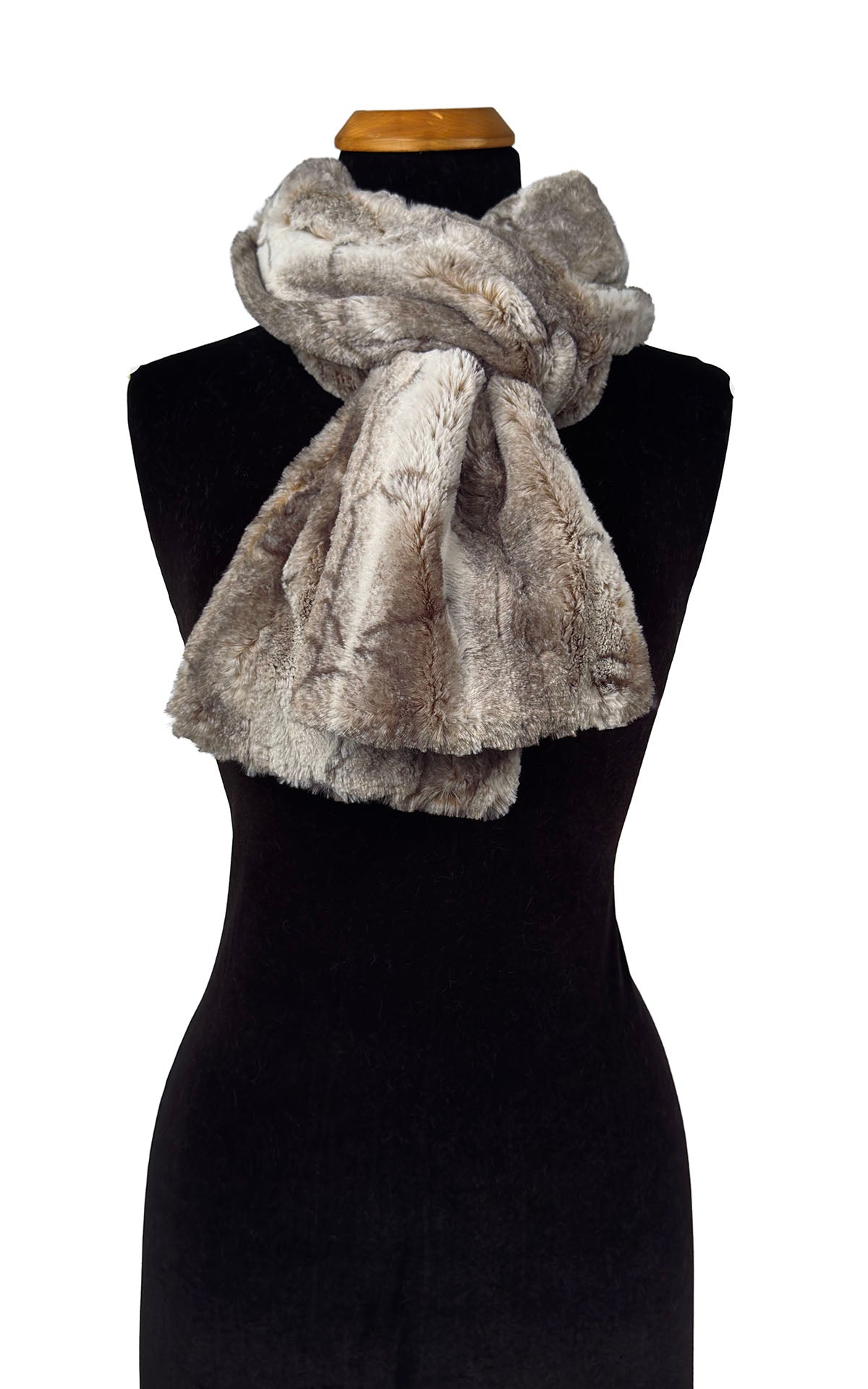 Classic Scarf in Luxury Rusty Rock Faux Fur. Shown loosely tied. Made in Seattle, WA, USA by Pandemonium Seattle.
