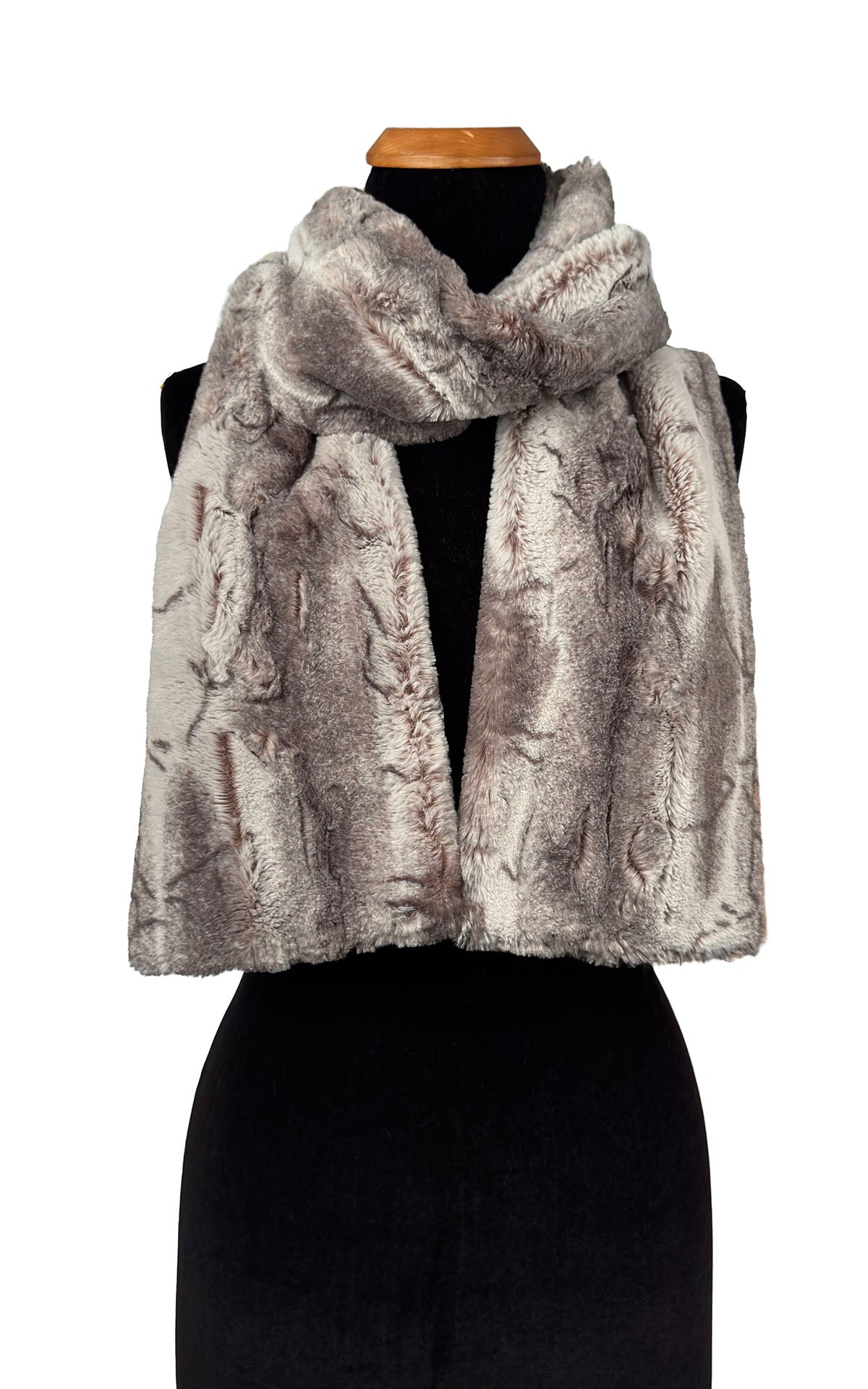 Classic Scarf in Luxury Rusty Rock Faux Fur. Shown loosely tied. Made in Seattle, WA, USA by Pandemonium Seattle.
