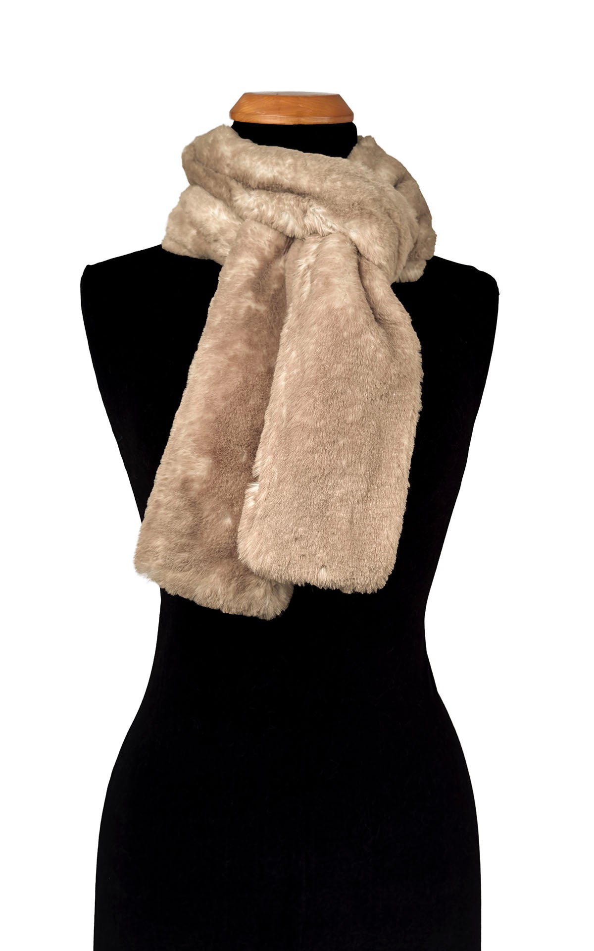 Classic Skinny Scarf in Coastal Plush Golden Bluff. Shown tied around mannequin. Handmade in Seattle, WA, USA by Pandemonium Seattle.