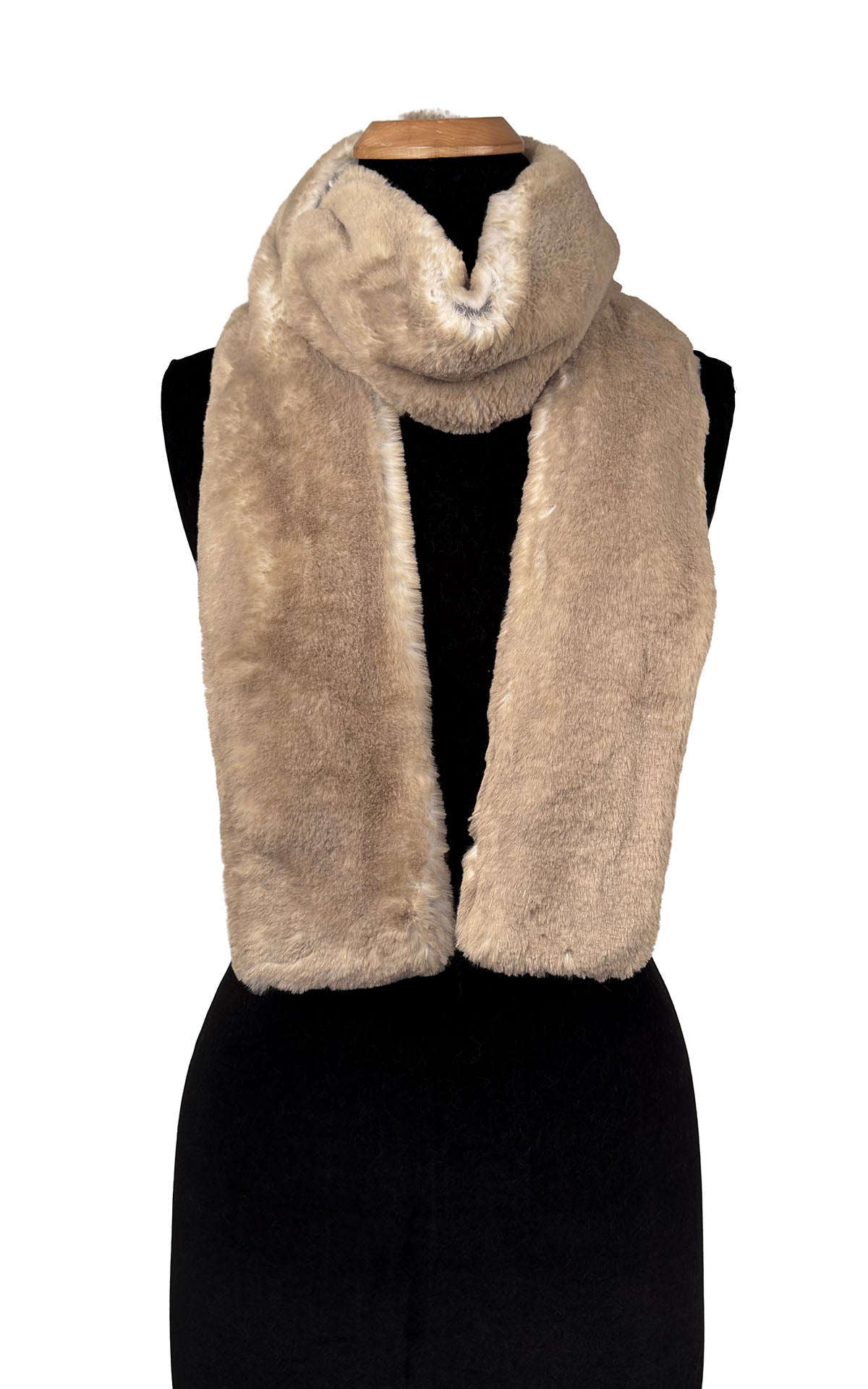 Classic Skinny Scarf in Coastal Plush Golden Bluff. Shown looped around mannequin. Handmade in Seattle, WA, USA by Pandemonium Seattle.