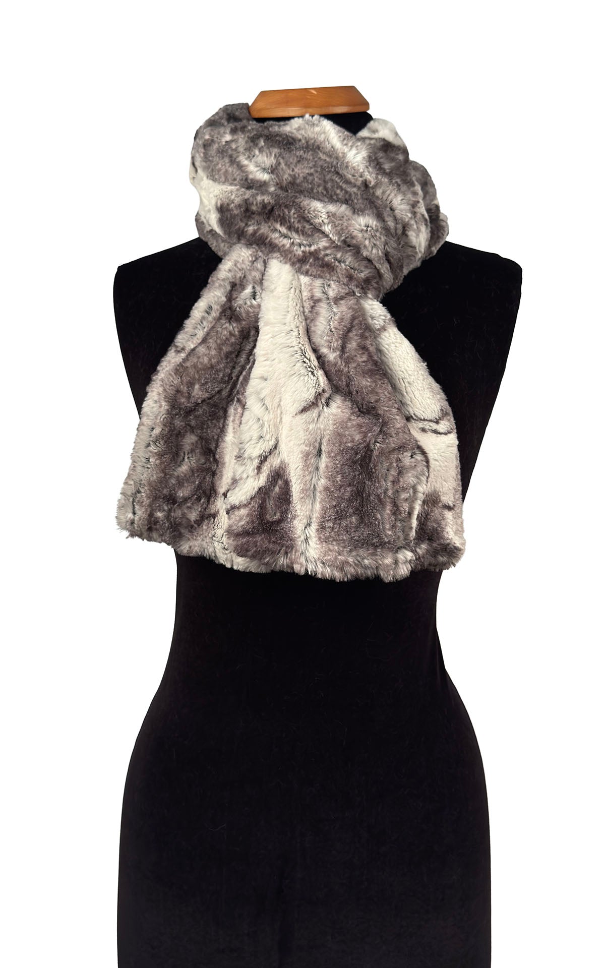 Classic Scarf in Luxury Smoke Show Faux Fur. Looped around neck of mannequin. Made in Seattle, WA, USA by Pandemonium Seattle.