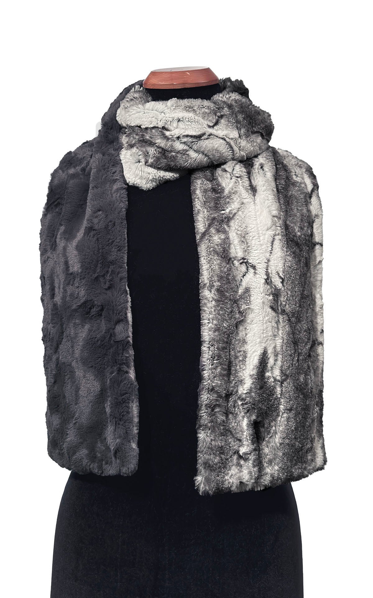 Classic Two-Tone Scarf in Luxury Smoke Show Faux Fur and Cuddly Smoky Faux Fur. Shown wrapped around neckline. Made in Seattle, WA, USA by Pandemonium Seattle.
