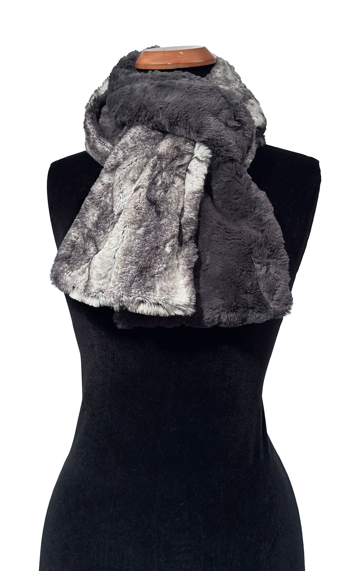 Classic Two-Tone Scarf in Luxury Smoke Show Faux Fur and Cuddly Smoky Faux Fur. Shown tied around neckline. Made in Seattle, WA, USA by Pandemonium Seattle.