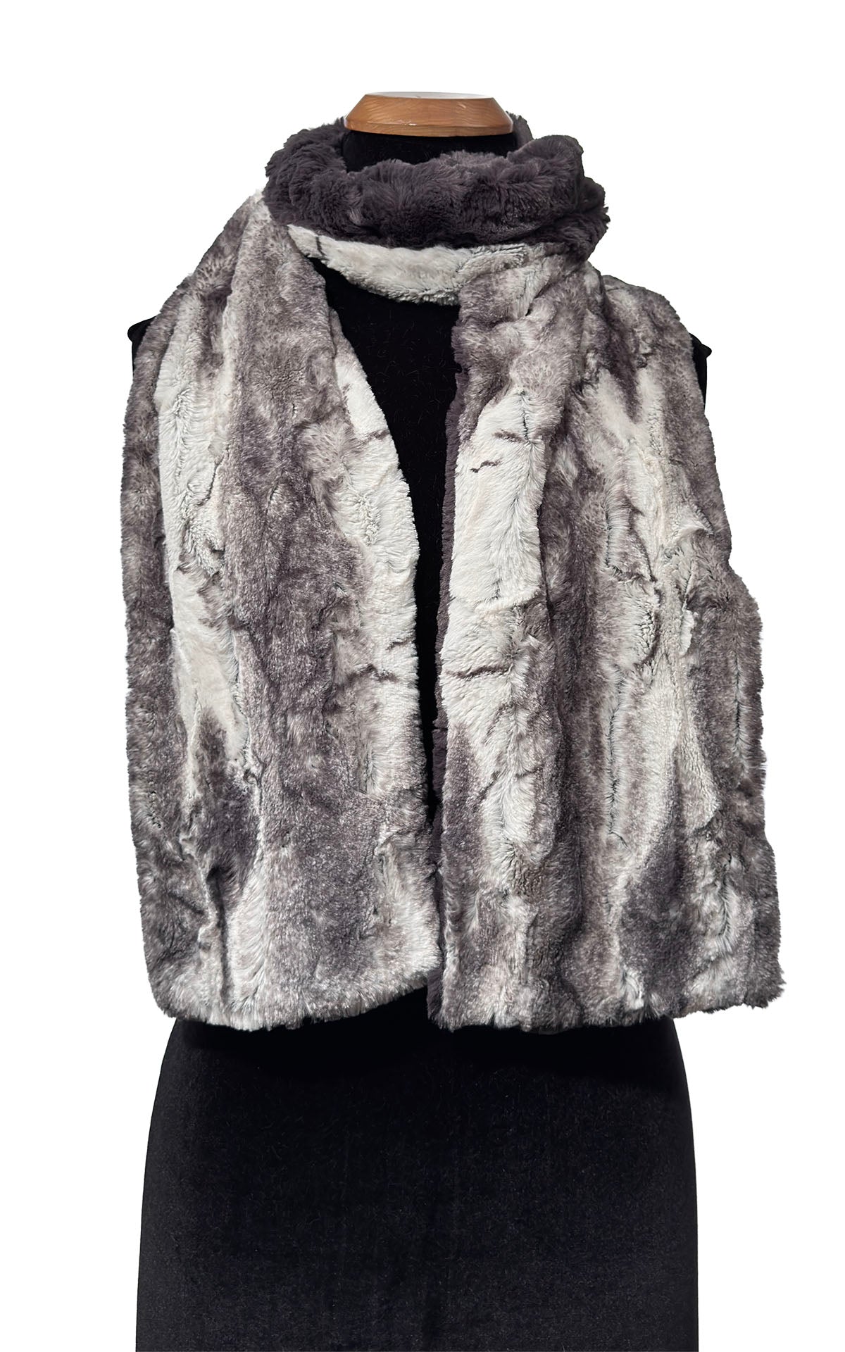 Classic Two-Tone Scarf in Luxury Smoke Show Faux Fur and Cuddly Smoky Faux Fur. Shown wrapped around neckline. Made in Seattle, WA, USA by Pandemonium Seattle.